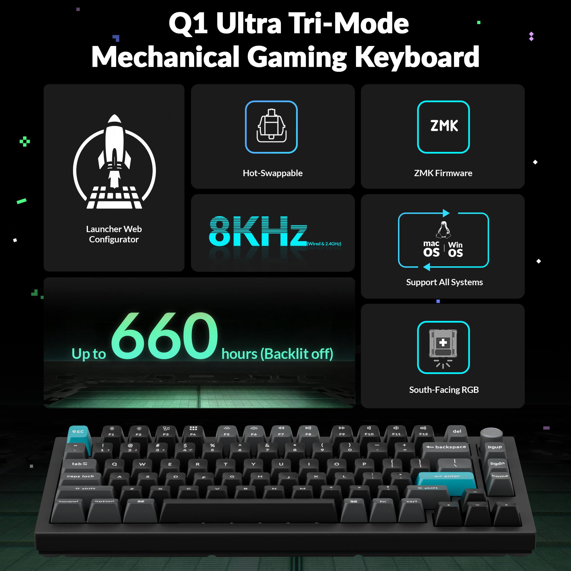 Q1 Ultra Tri-Mode Mechanical Gaming Keyboard  
ZMK Hot-Swappable  
ZMK Firmware Launcher Web Configurator  
8KHz (Wired & 2.4GHz)  
Up to 660 hours (Backlit off)  
Support All Systems (macOS, Windows)  
South-Facing RGB
