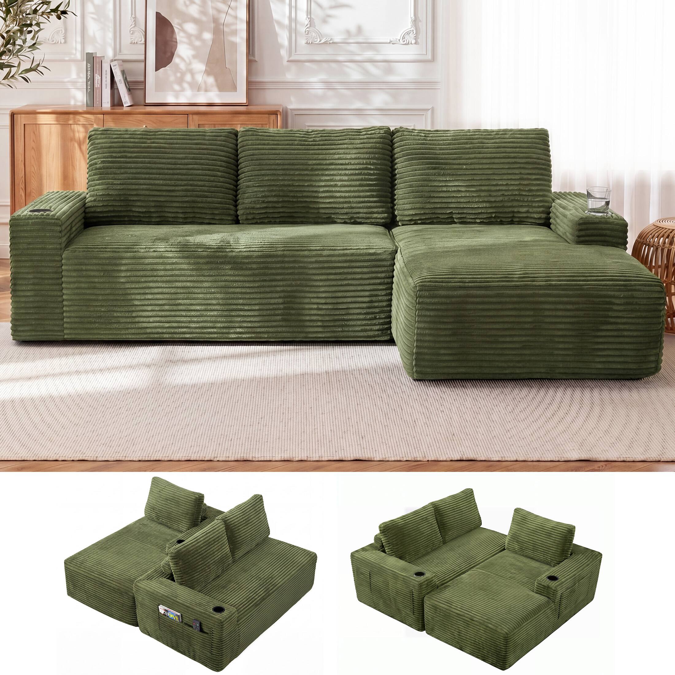 Angle. Anysun - 104" L-Shape Cloud Corduroy Sectional Couch – Modern Modular Sectional Sofa with Deep Seat, Right facing - Green.