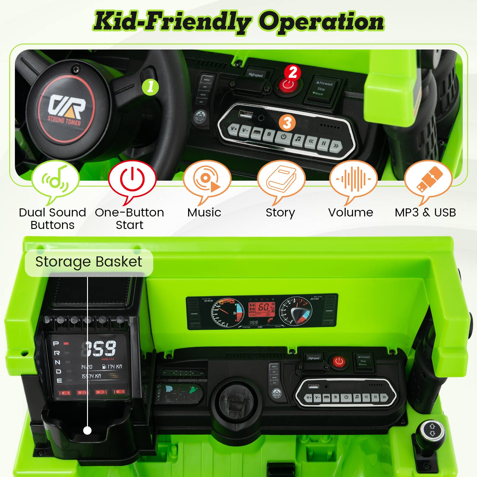 Kid-Friendly Operation

1. Dual Sound Buttons
2. One-Button Start
3. Music
4. Story
5. Volume
6. MP3 & USB
7. Storage Basket

V+ Hghmad V H 2 3 Porwae Tae uS 30 Dual Sound One-Button Music Buttons Start Story Volume MP3 & USB Storage Basket PRNDE N .. S9 ./M NE0 0 . I7 K I597 M .. - . - I - - - i1 - 60 A L 299 Lod - - : I ..  - -  - |  - - -