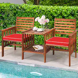 Gymax - Acacia Wood Loveseat Patio Outdoor Conversation Set w/ Table Red Cushion - Red+Brown