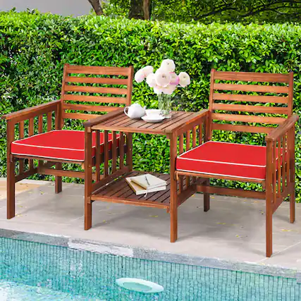 Front. Gymax - Gymax Acacia Wood Loveseat Patio Outdoor Conversation Set w/ Table Red Cushion - Red+Brown.