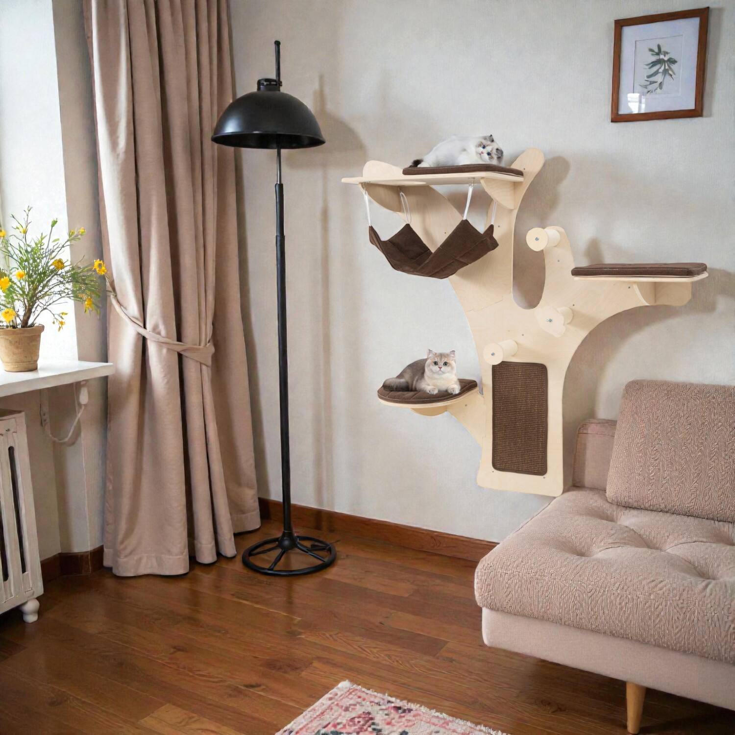 Front. BreeBe - Wall-Mounted Cat Climbing Shelves with Perch for Feline Furniture - Brown.