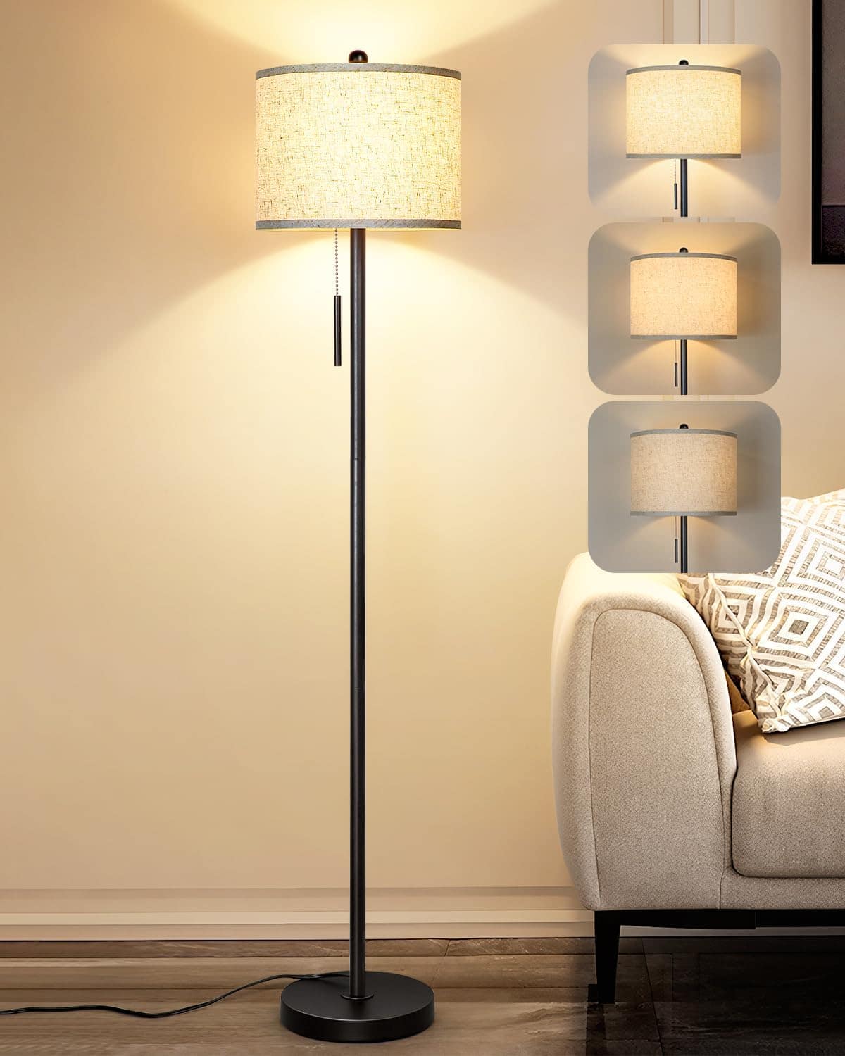 Cozy Serene - Brown silver Floor Lamp Lamp Adjustable LED Modern Metal Living Room Height Standing Pole Light Bedroom - Black (63in)