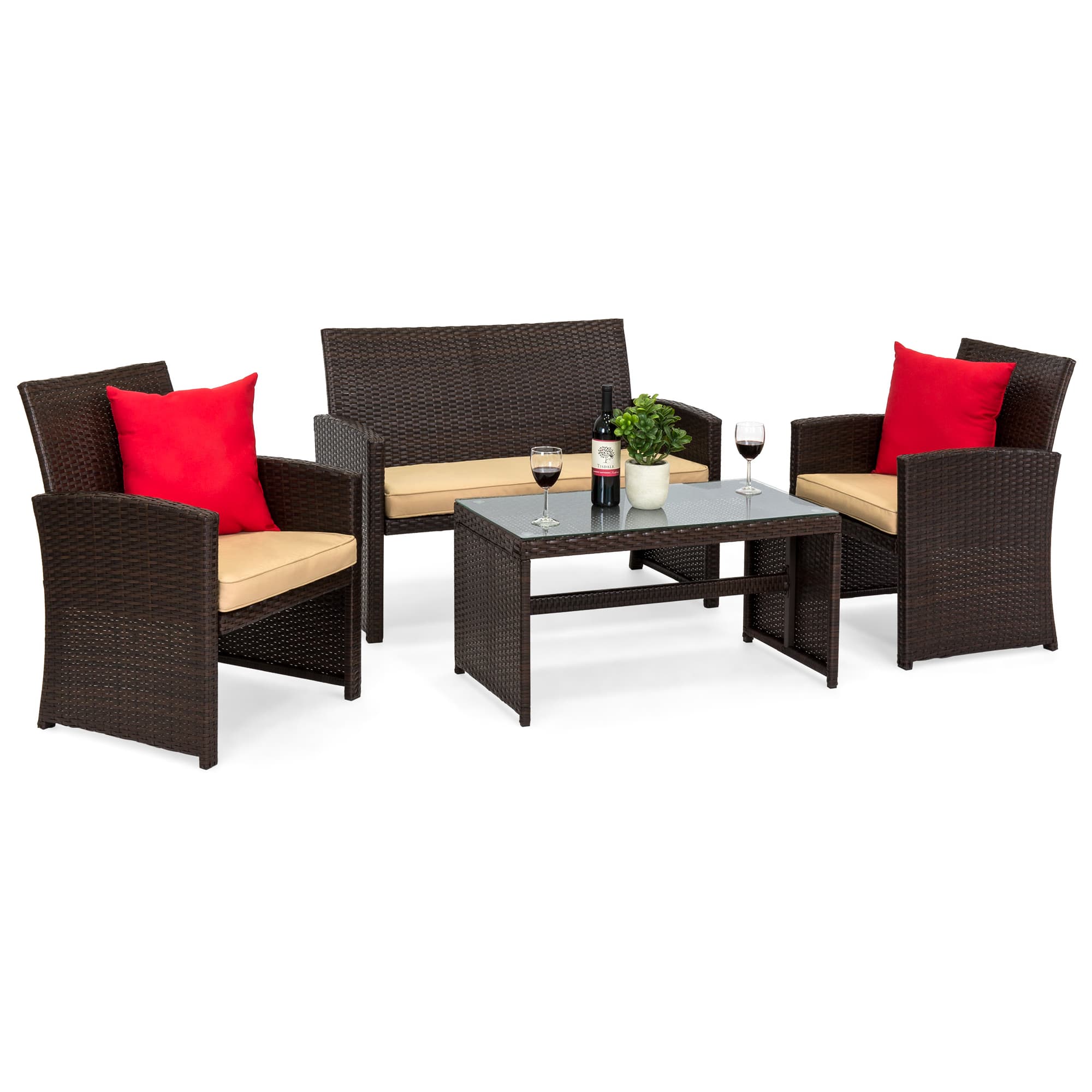 Best Choice Products - 4-Piece Outdoor Wicker Patio Conversation Furniture Set w/ Table, Cushions - Brown/Beige