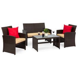 Best Choice Products - 4-Piece Outdoor Wicker Patio Conversation Furniture Set w/ Table, Cushions - Brown/Beige