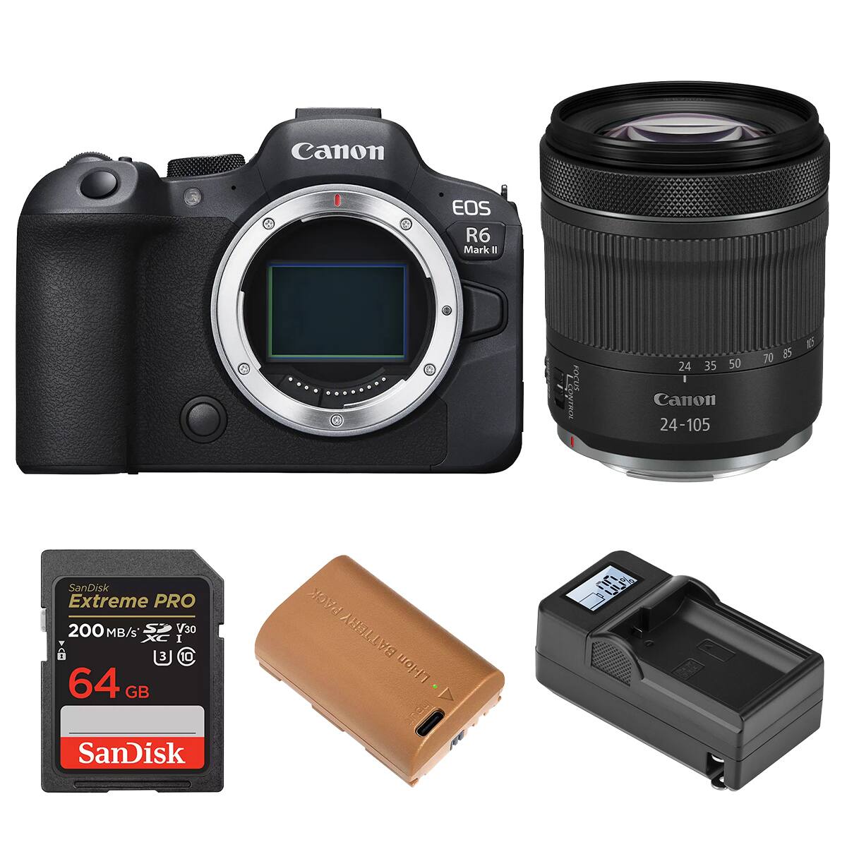 Canon EOS R6 Mark II  
L CONTROL FOCUS  
24 35 50 I Canon 24-105  
105 70 85  
SanDisk Extreme PRO 200 MB/s V30 64 GB  
PACK BATTERY Li-ion Inout