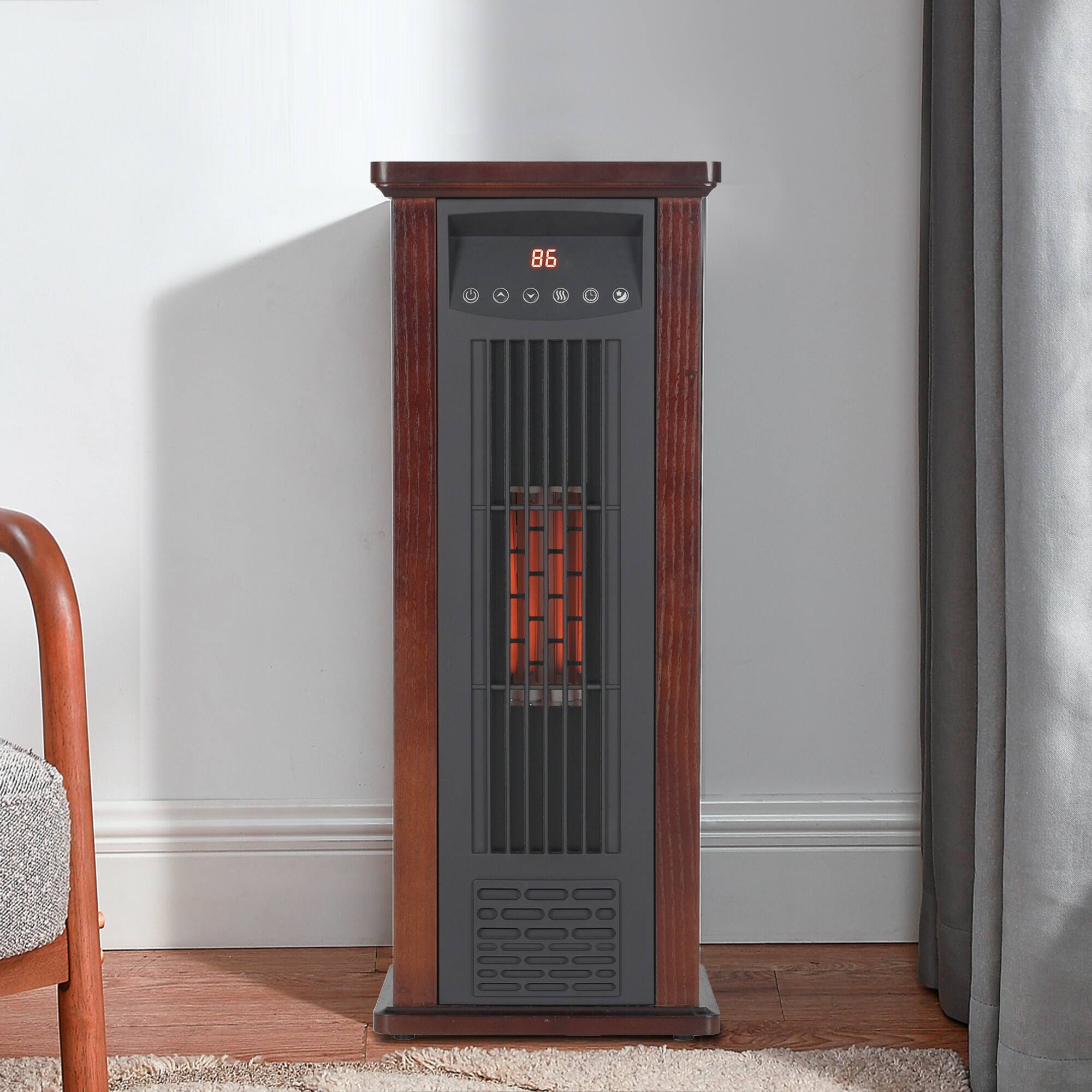 Left. Vaczon - 1500W Quartz Infrared Tower Heater with Remote Control ECO Mode 3 Heat Settings, Overheat Protection for Indoor Home Use - Dark Walnut.