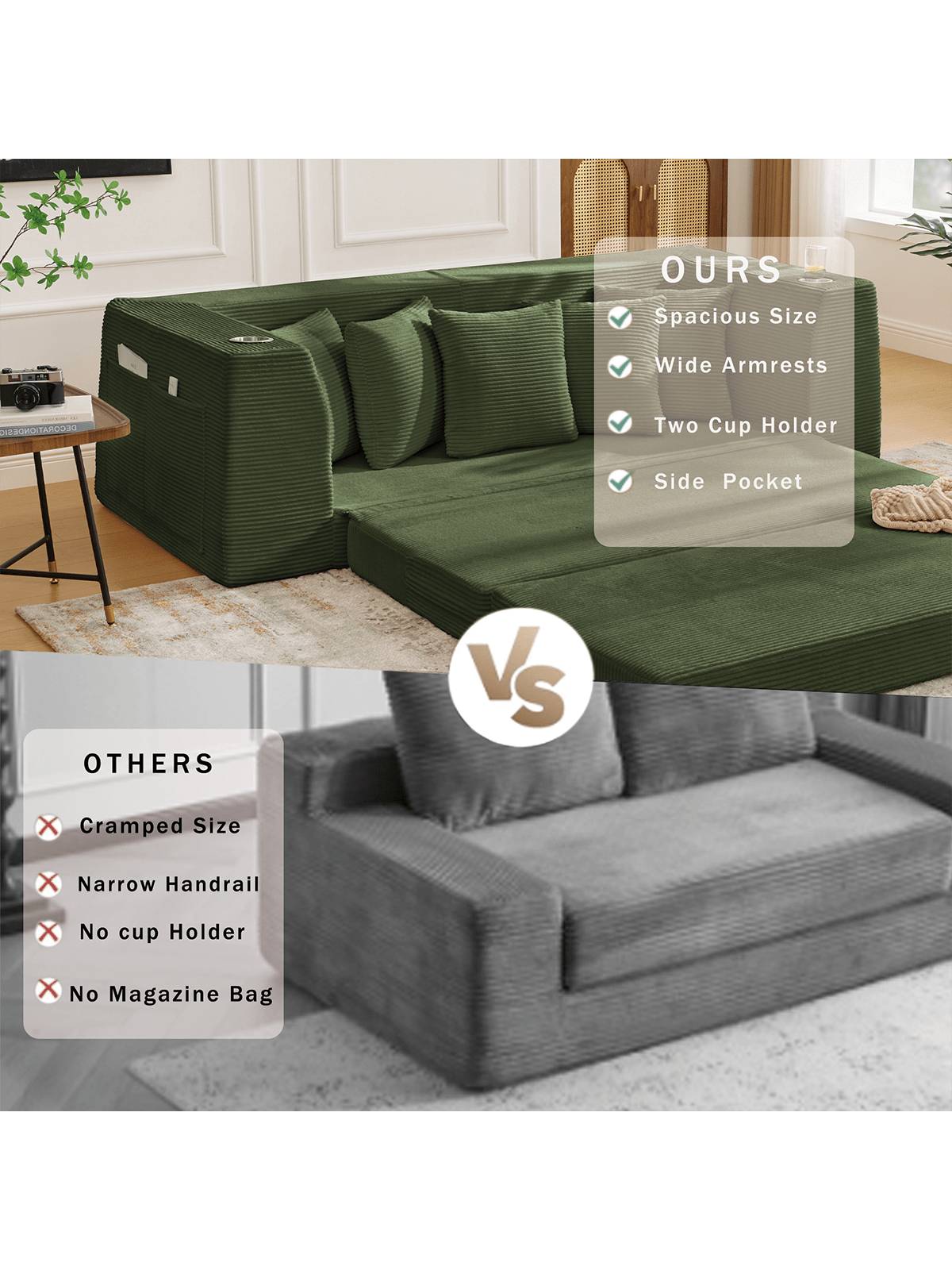 **OURS**

- Spacious Size
- Wide Armrests
- Two Cup Holder
- Side Pocket

**VS**

**OTHERS**

- Cramped Size
- Narrow Handrail
- No Cup Holder
- No Magazine Bag