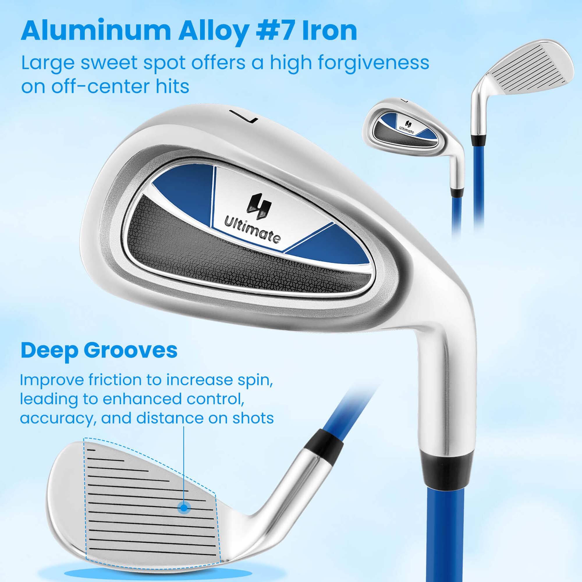 Aluminum Alloy #7 Iron  
Large sweet spot offers a high forgiveness on off-center hits  

Deep Grooves  
Improve friction to increase spin, leading to enhanced control, accuracy, and distance on shots