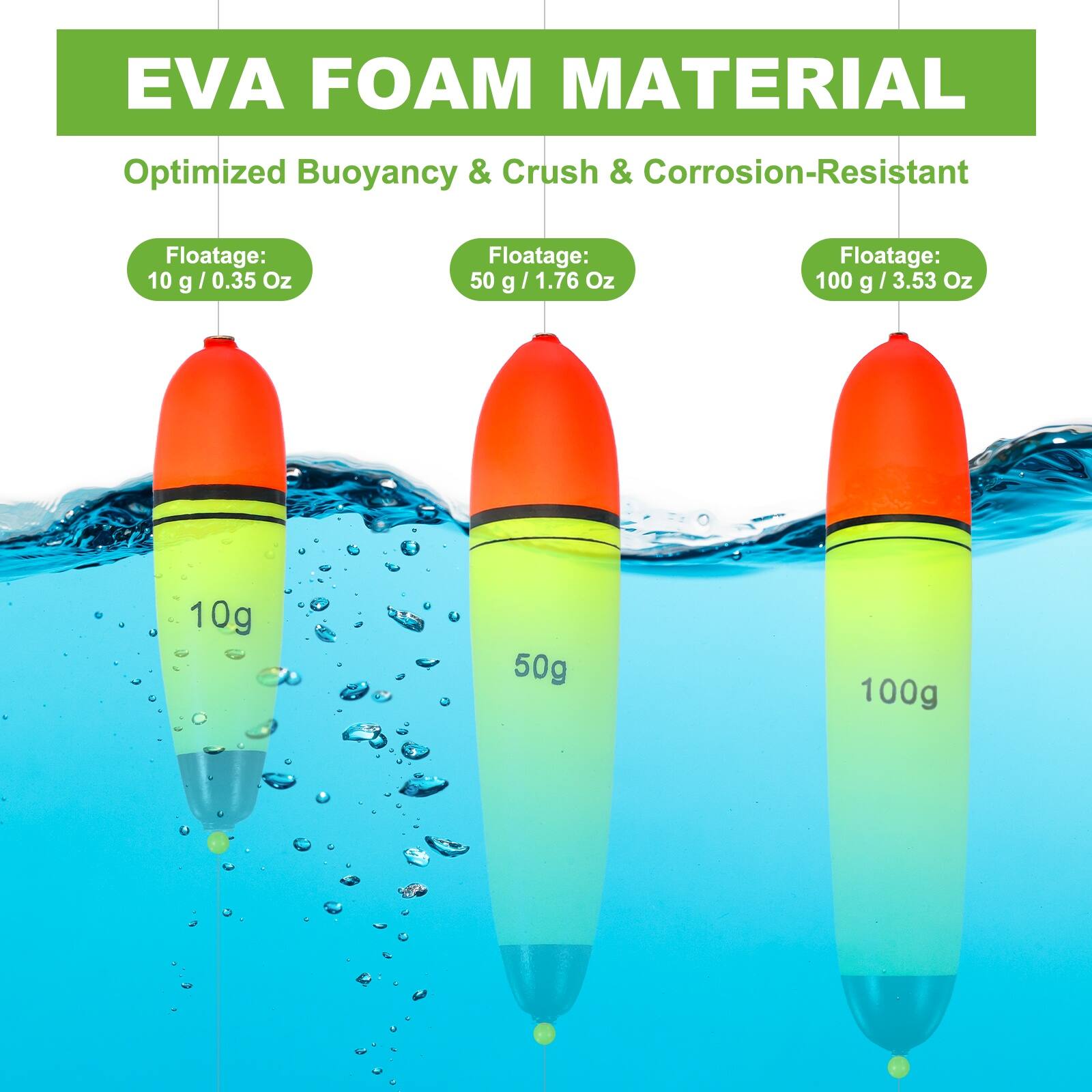 EVA FOAM MATERIAL  
Optimized Buoyancy & Crush & Corrosion-Resistant  

Floatage:  
10 g / 0.35 Oz  
Floatage:  
50 g / 1.76 Oz  
Floatage:  
100 g / 3.53 Oz  

10g  
50g  
100g
