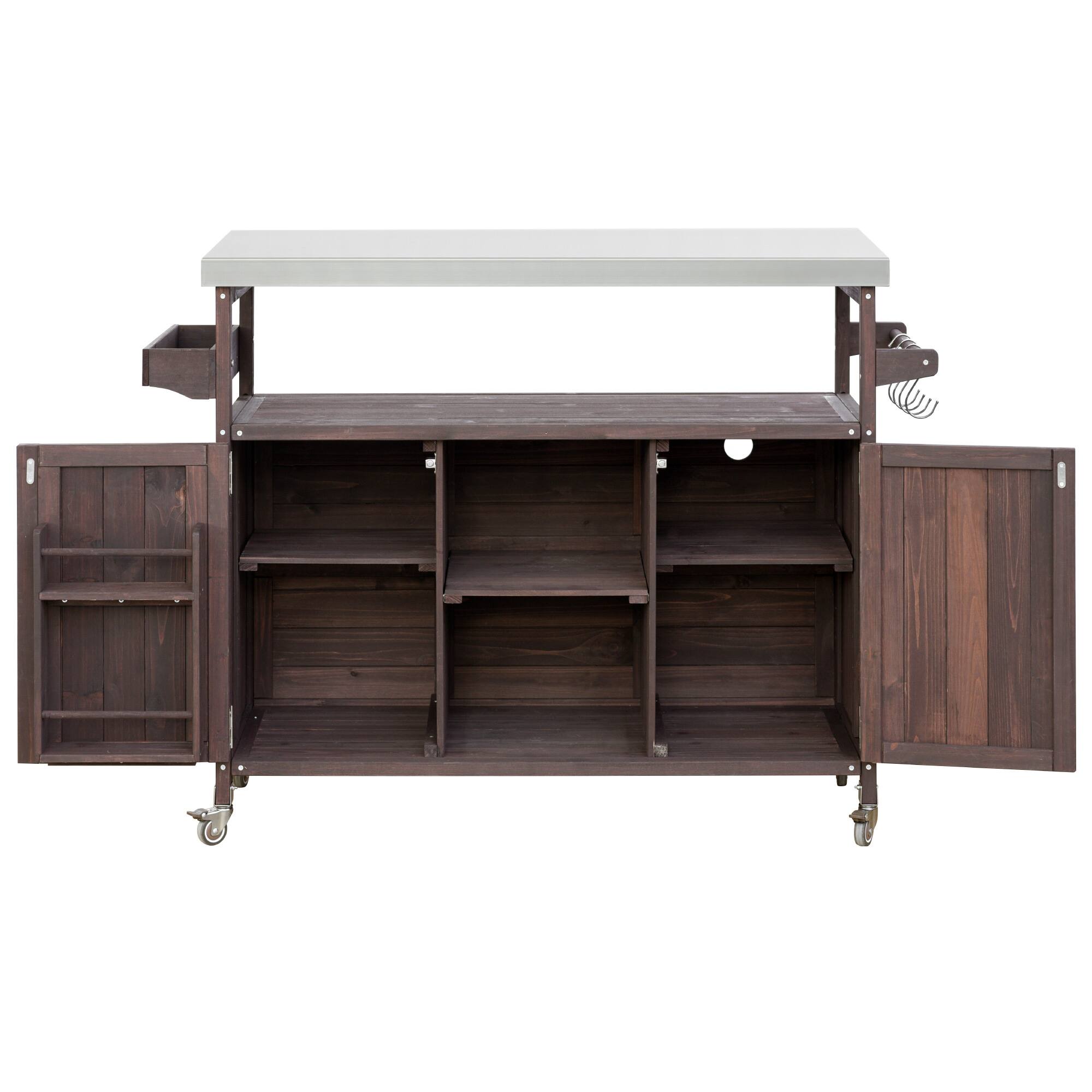 Back. PexFix - Solid Wood Outdoor Kitchen Island with Stainless Top, Rolling BBQ Grill Cart with Storage, Spice & Towel Rack for Patio - Dark Brown.