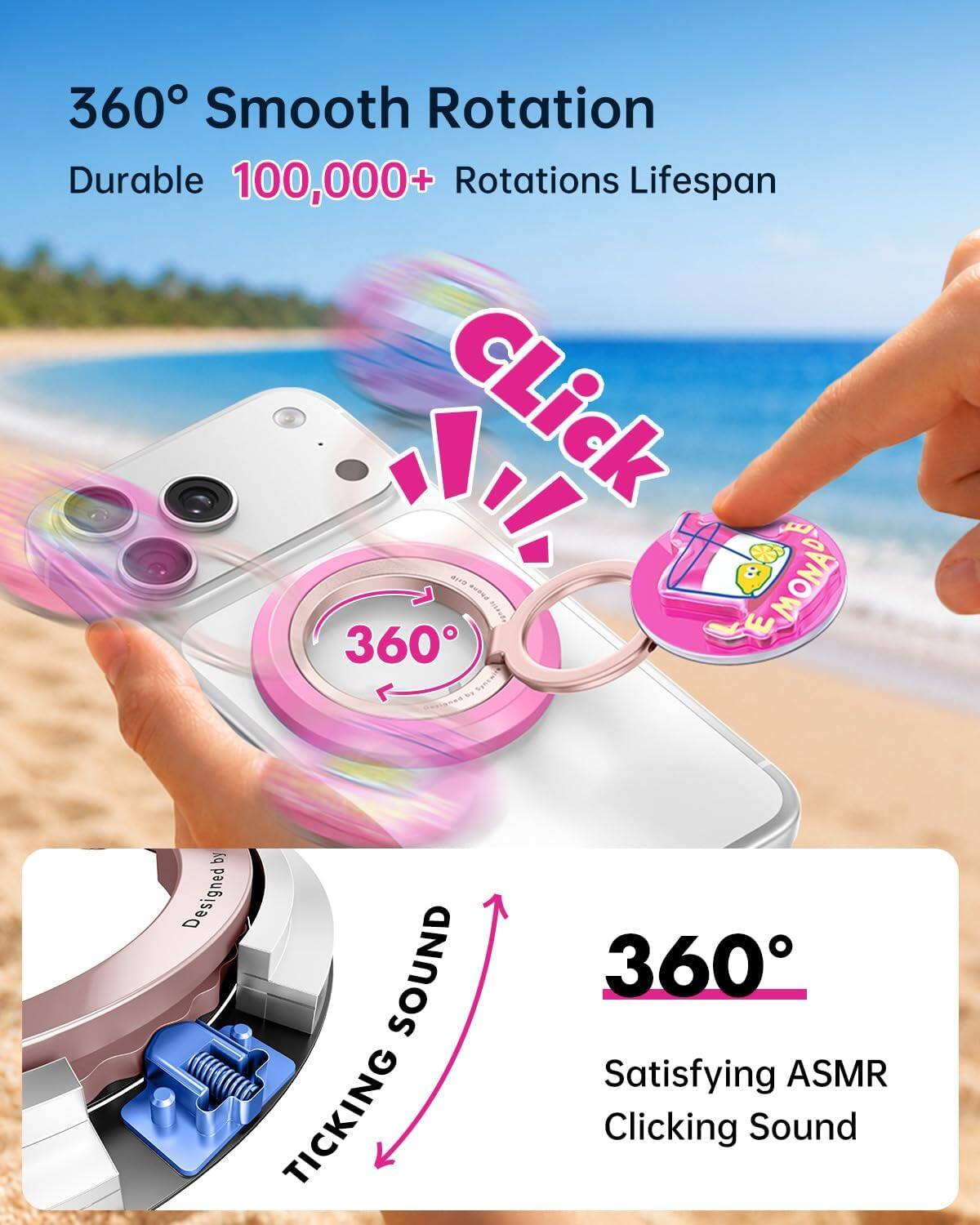 360° Smooth Rotation  
Durable 100,000+ Rotations Lifespan  

Click ales MONAD 360  
Designed by SOUND TICKING  

360° Satisfying ASMR Clicking Sound