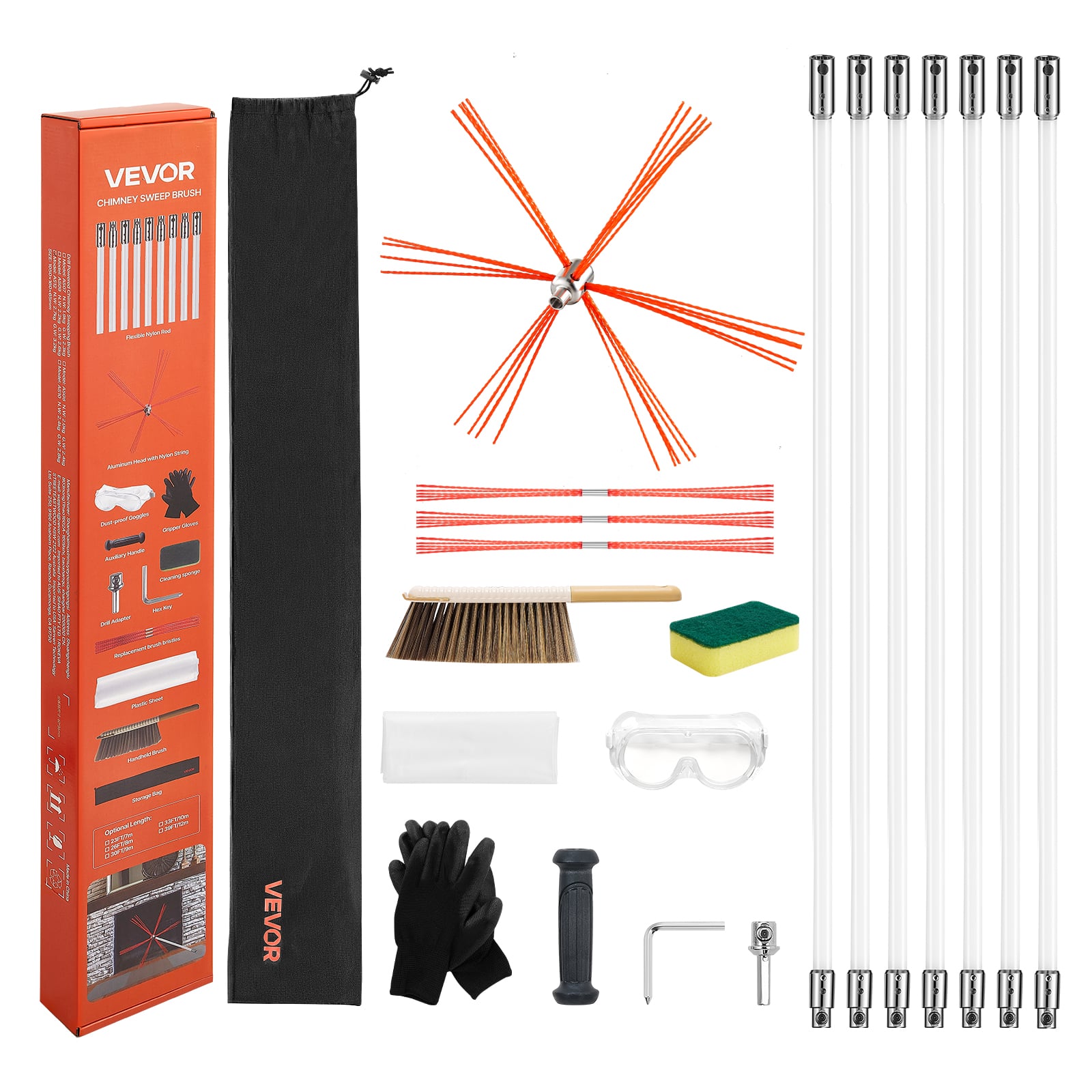 VEVOR - Chimney Cleaning Kit, 23 ft Extendable Length Brush with Replacement Bristles & Safety Goggles, Flexible Design