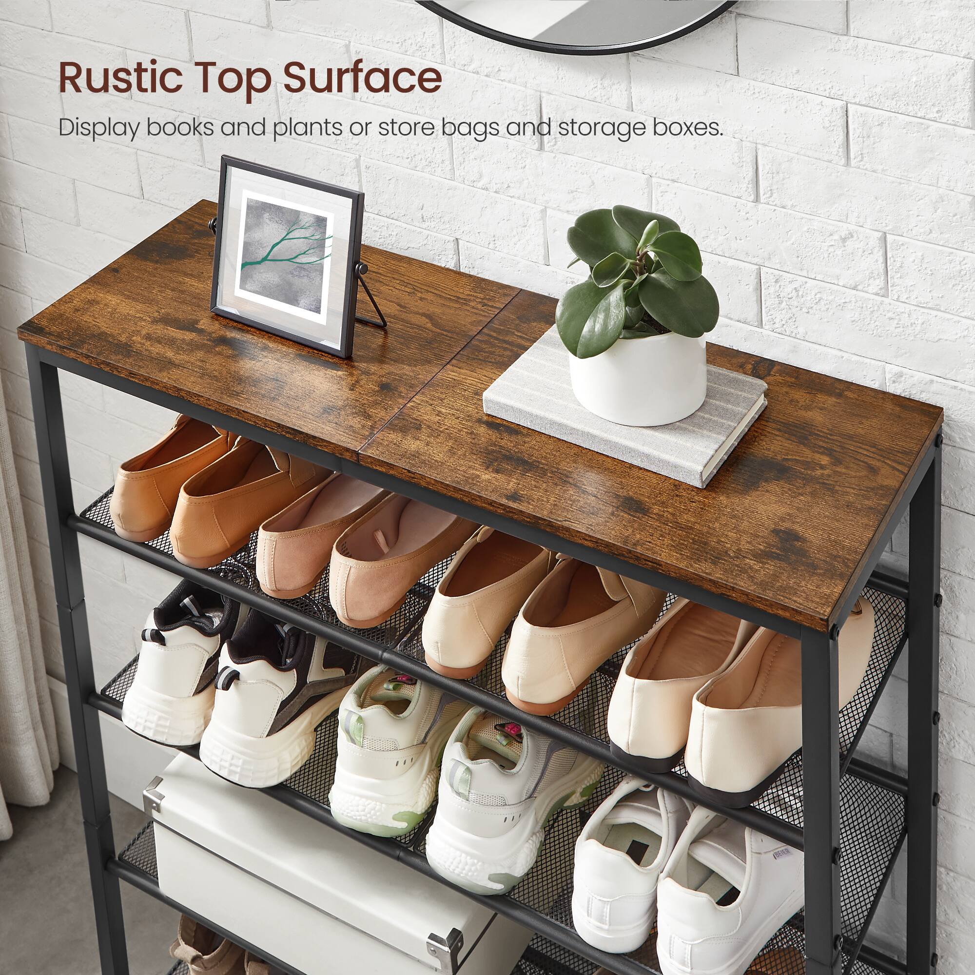 Rustic Top Surface  
Display books and plants or store bags and storage boxes.