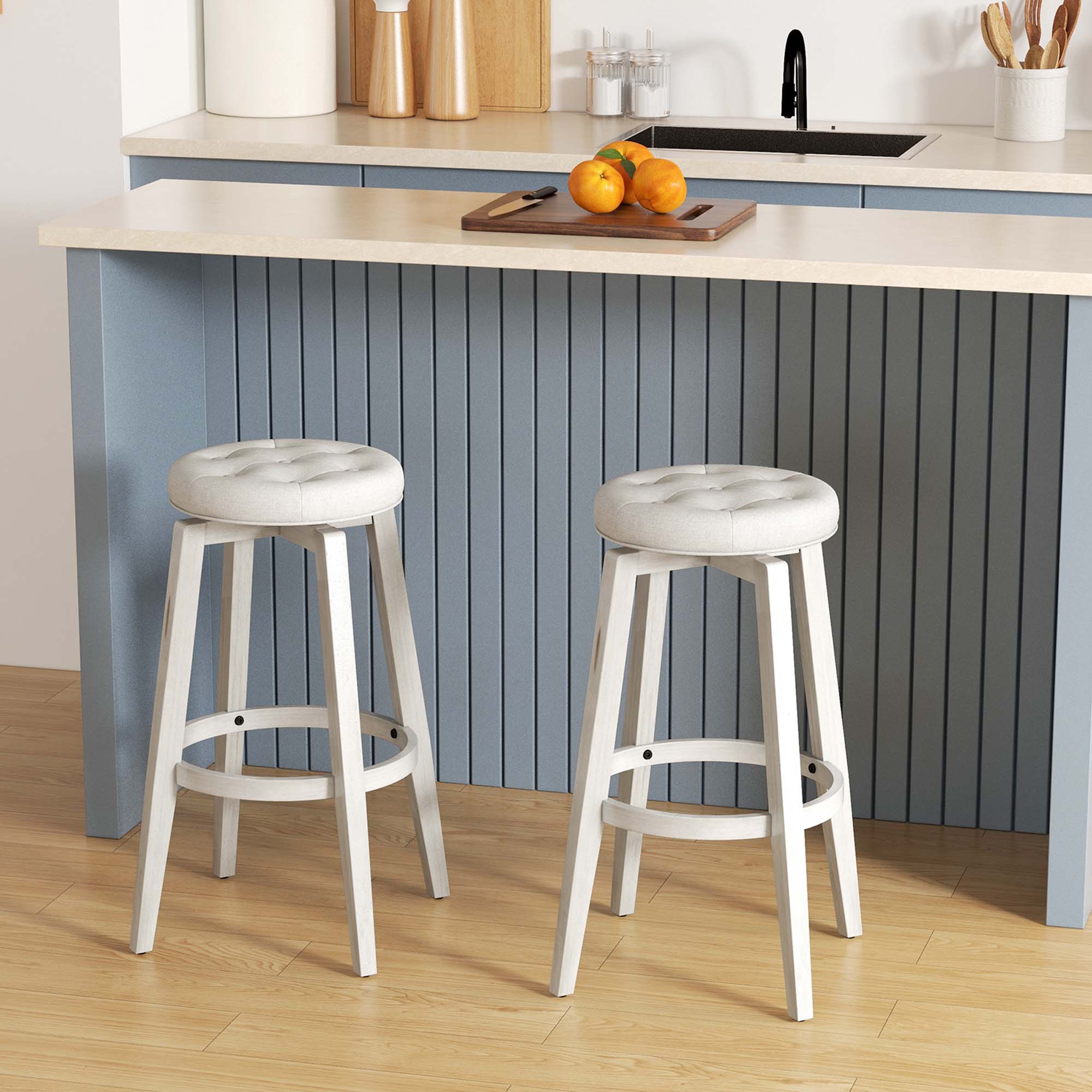 Alt View 2. Costway - 30" Swivel Bar Stool Set of 2 Upholstered Bar Height Rubber Wood Frame - White.