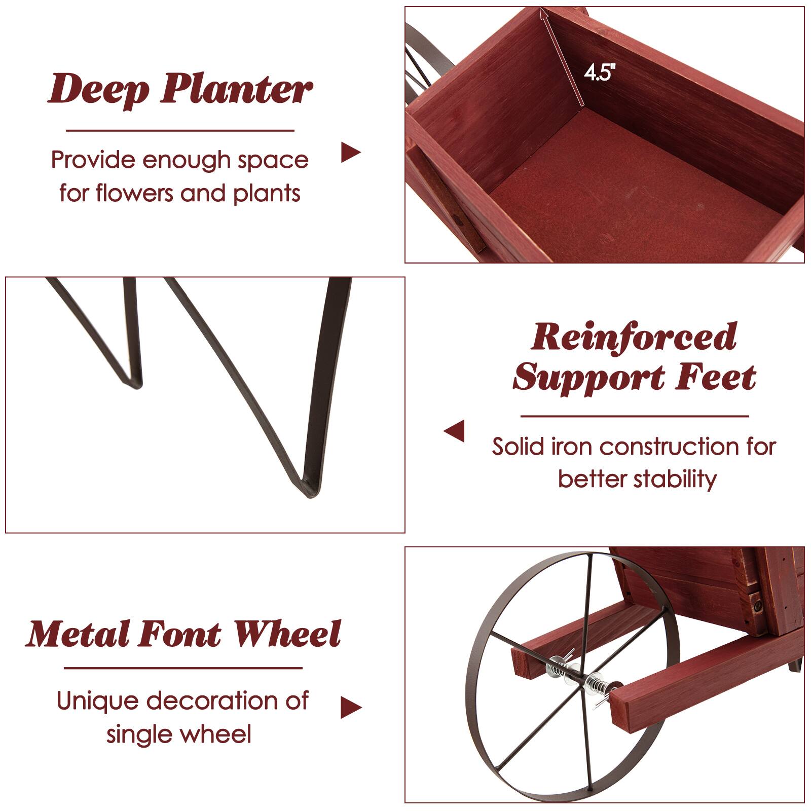 The image features a wooden planter box with a reinforced support foot, providing ample space for flowers and plants. The planter is made of solid iron, ensuring better stability. The image also showcases a metal font wheel, which offers a unique decoration of a single wheel.