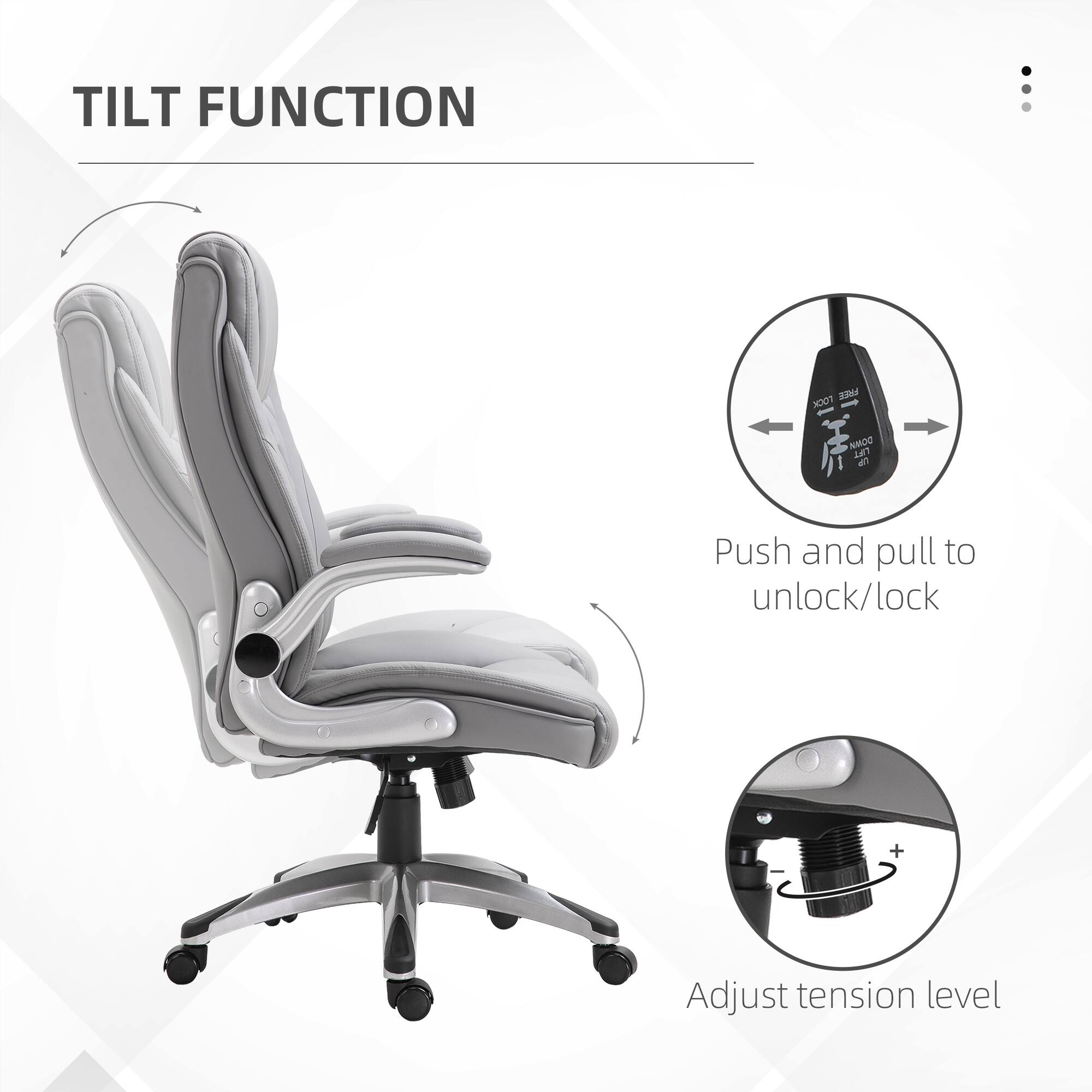 TILT FUNCTION

Push and pull to unlock/lock

Adjust tension level