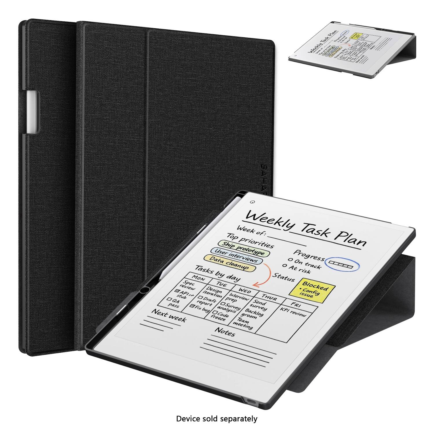 **Weekly Task Plan**

**Top priorities:**
- Ship prototype
- Liser Data interviews
- Cleanup

**Progress**
- On track
- At risk

**By day**

**MON**
- Tasks
  - Design
  - Specs
  - Review
  - Start
  - QA
  - Pass

**TUE**
- Tasks
  - Data cleaning
  - Code

**WED**
- Tasks
  - Send survey
  - Analyze team meeting

**THUR**
- Tasks
  - KPI review

**FRI**
- Tasks
  - Interview

**Status**
- Blocked
- Confirmed

**Notes**

**Next week**

**Device sold separately**