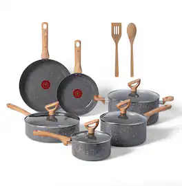 T-Fal - 12pc Ceramic Nonstick Cookware Set. Revive Ceramic. Stone Grey - Gray