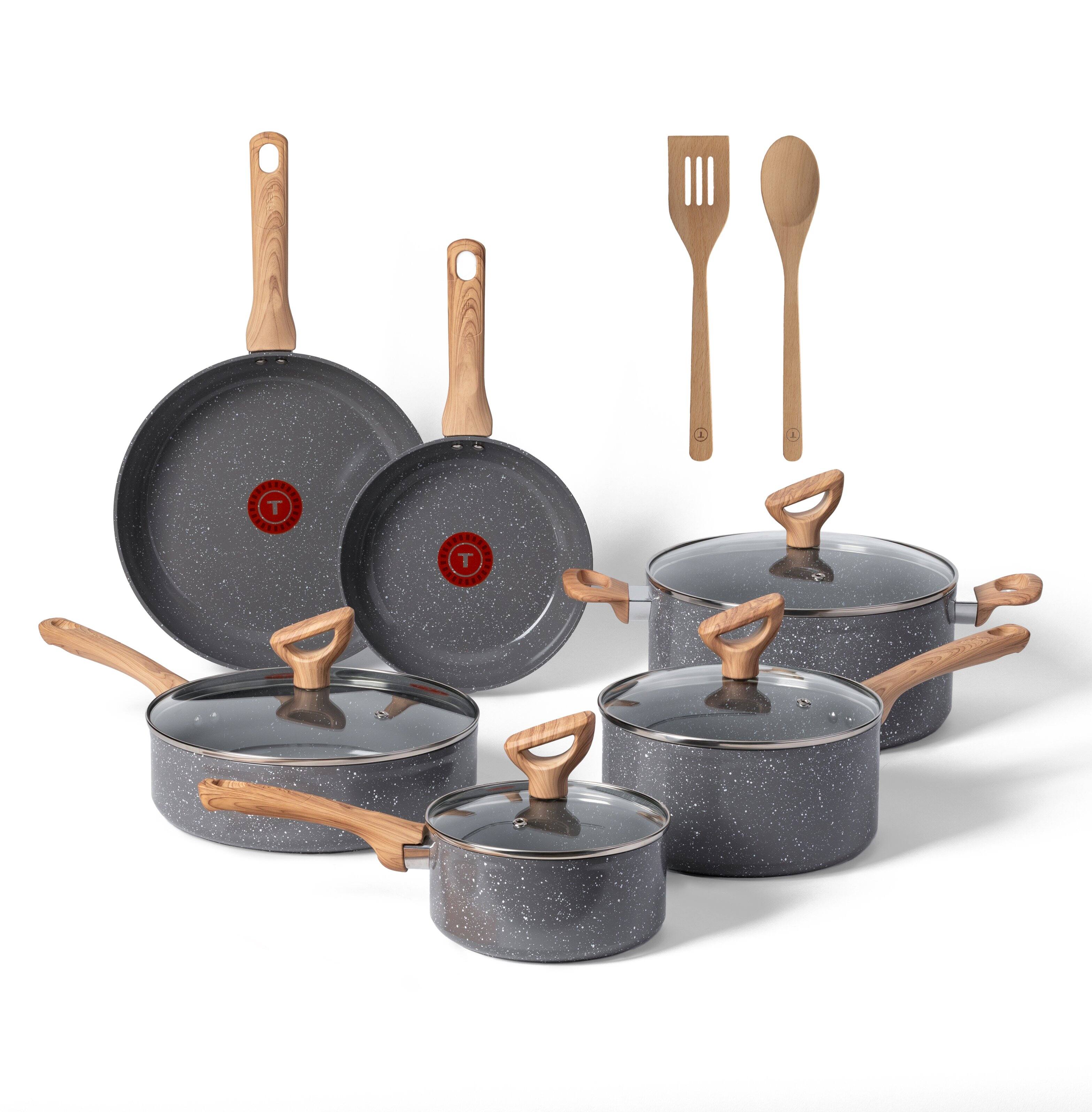 Front. T-Fal - T-fal 12pc Ceramic Nonstick Cookware Set. Revive Ceramic. Stone Grey - Grey.