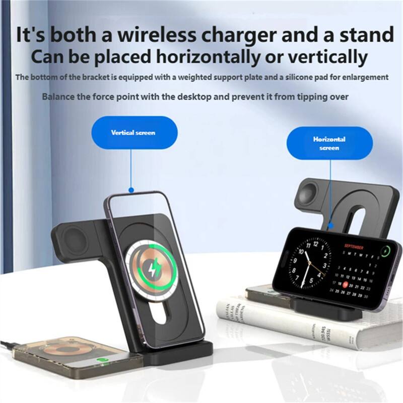 It's both a wireless charger and a stand. Can be placed horizontally or vertically. The bottom of the bracket is equipped with a weighted support plate and a silicone pad for enlargement. Balance the force point with the desktop and prevent it from tipping over. Vertical screen. Horizontal screen.