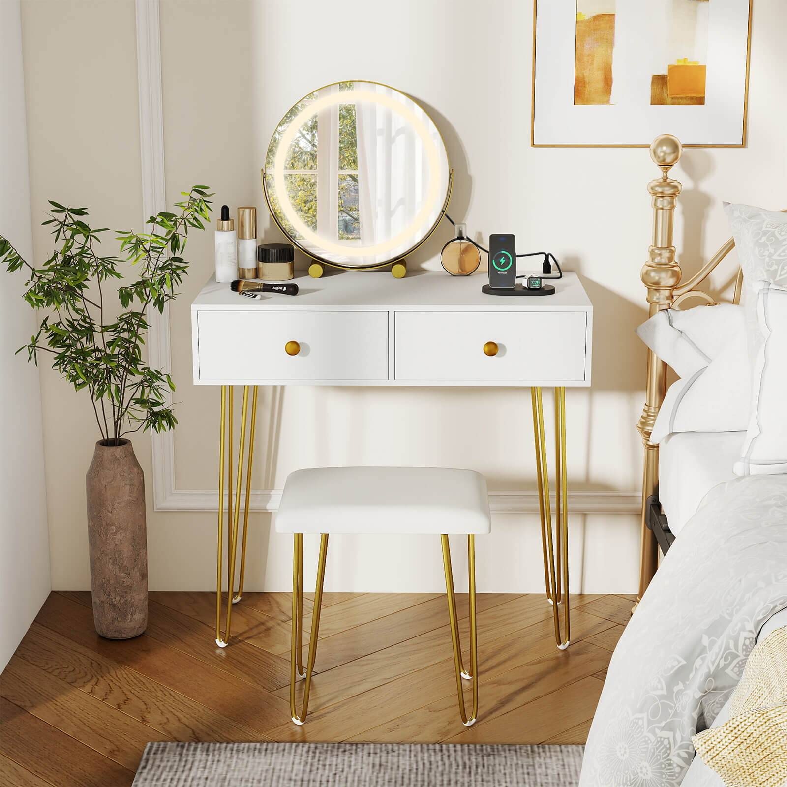 Alt View 4. Costway - Costway Vanity Desk with Mirror and Lights Lighted Adjustable Mirror 2 Drawers for Bedroom - White.