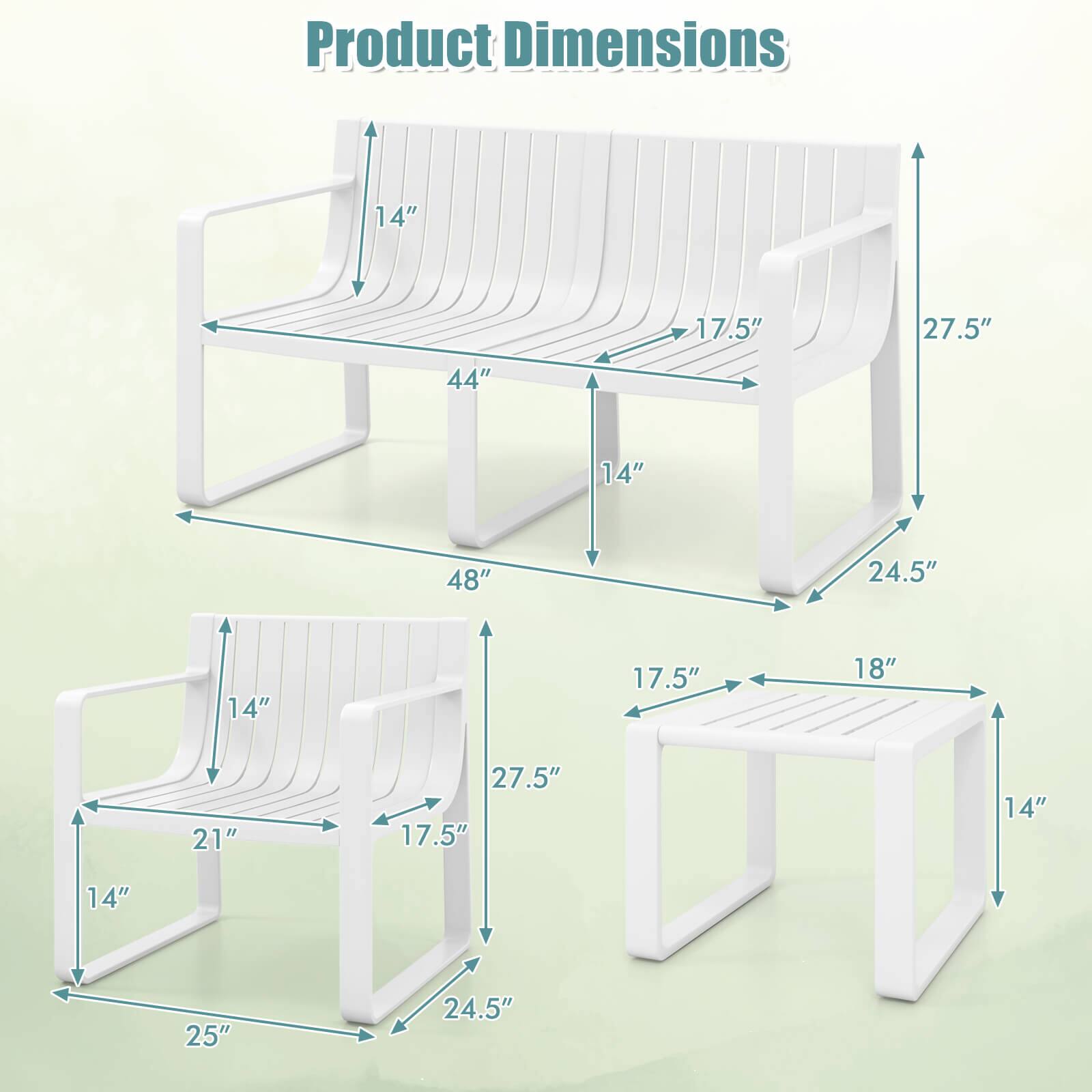 Product Dimensions

- Bench:
  - Height: 27.5"
  - Width: 48"
  - Depth: 24.5"
  - Seat Height: 14"
  - Seat Width: 44"
  - Back Height: 17.5"

- Chair:
  - Height: 27.5"
  - Width: 25"
  - Depth: 24.5"
  - Seat Height: 14"
  - Seat Width: 21"
  - Back Height: 17.5"

- Table:
  - Height: 18"
  - Width: 17.5"
  - Depth: 14"