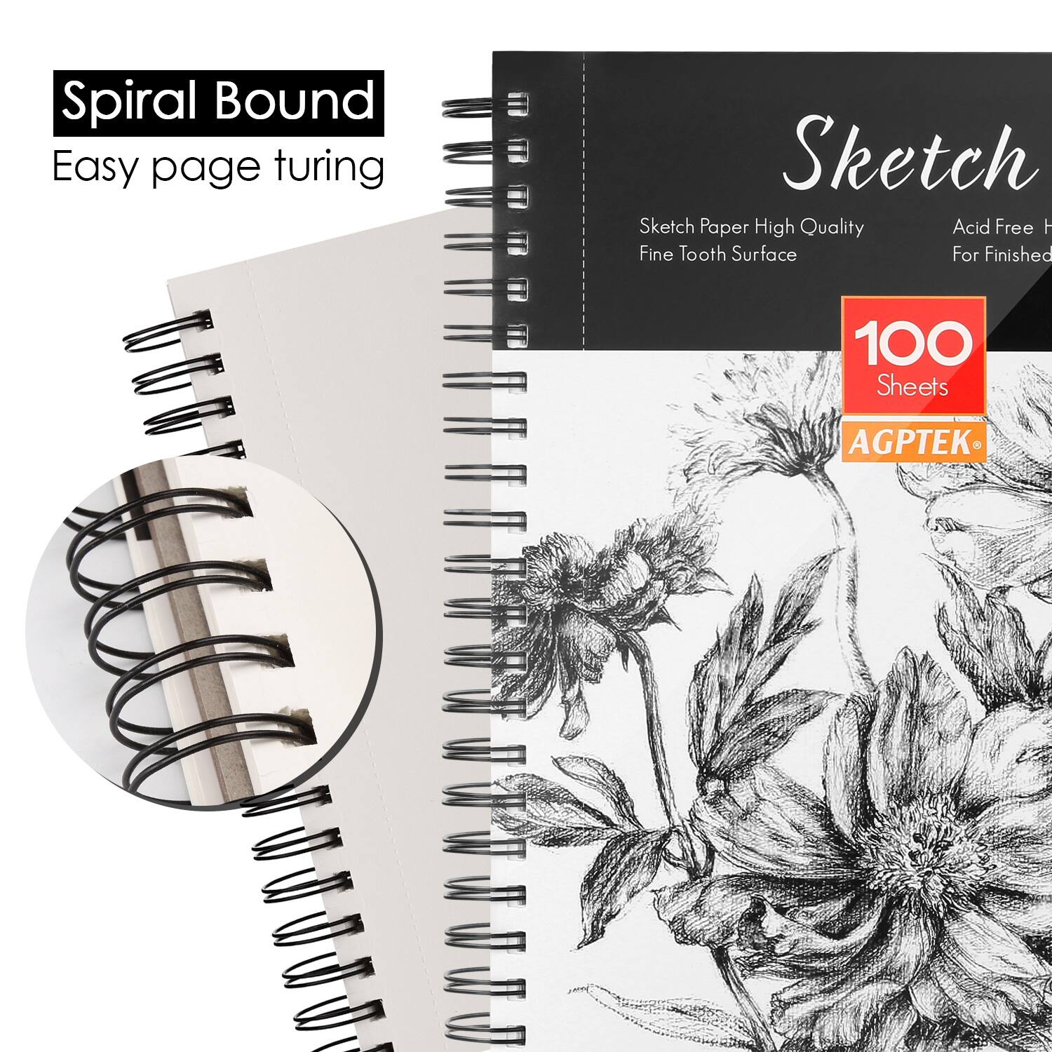 Spiral Bound Easy page turning E Sketch Sketch Paper High Quality Acid Free Fine Tooth Surface For Finished 100 Sheets AGPTEK