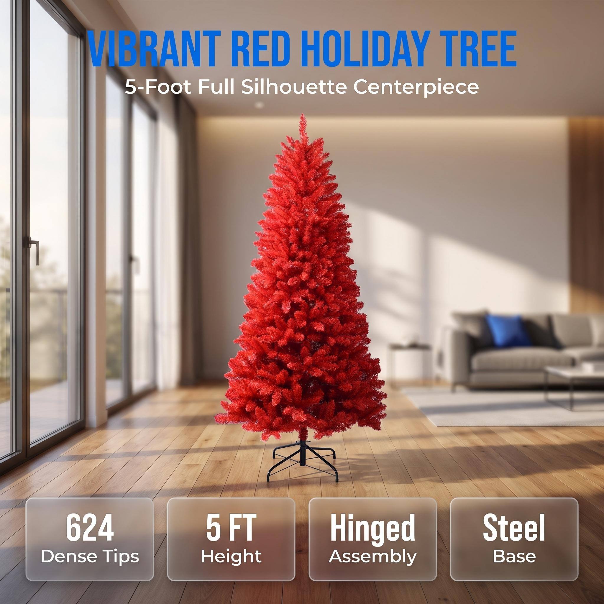 VIBRANT RED HOLIDAY TREE  
5-Foot Full Silhouette Centerpiece

624 Dense Tips  
5 FT Height  
Hinged Assembly  
Steel Base