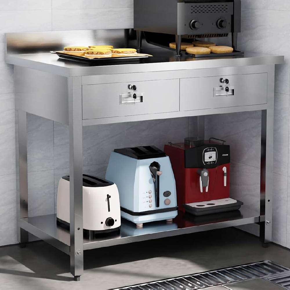 Back. Winado - 36 x 24" Stainless Steel Table Metal Prep & Work Table Heavy Duty Workbench with 2 Drawers for Garage & Kitchen & Home - Silver.