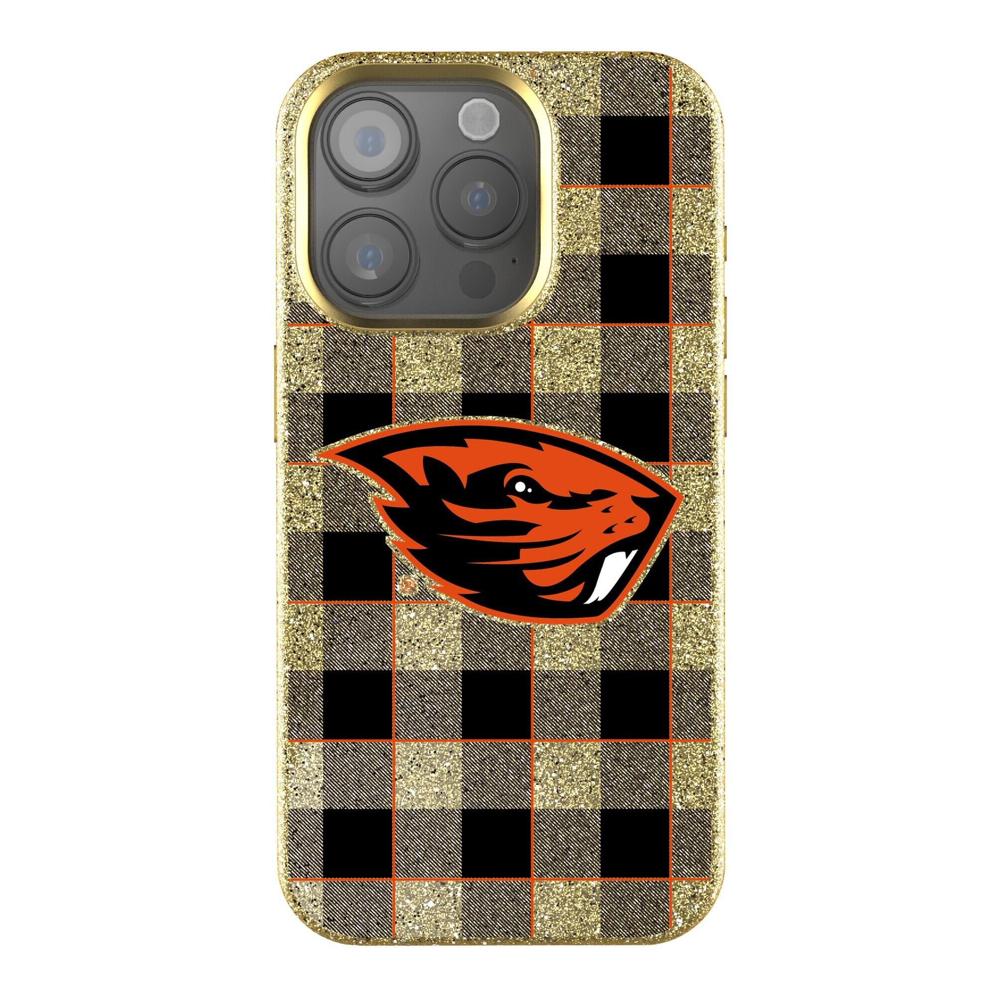 Front. Keyscaper - Oregon State Beavers Plaid Bling iPhone Case - 16 Pro - Gold.