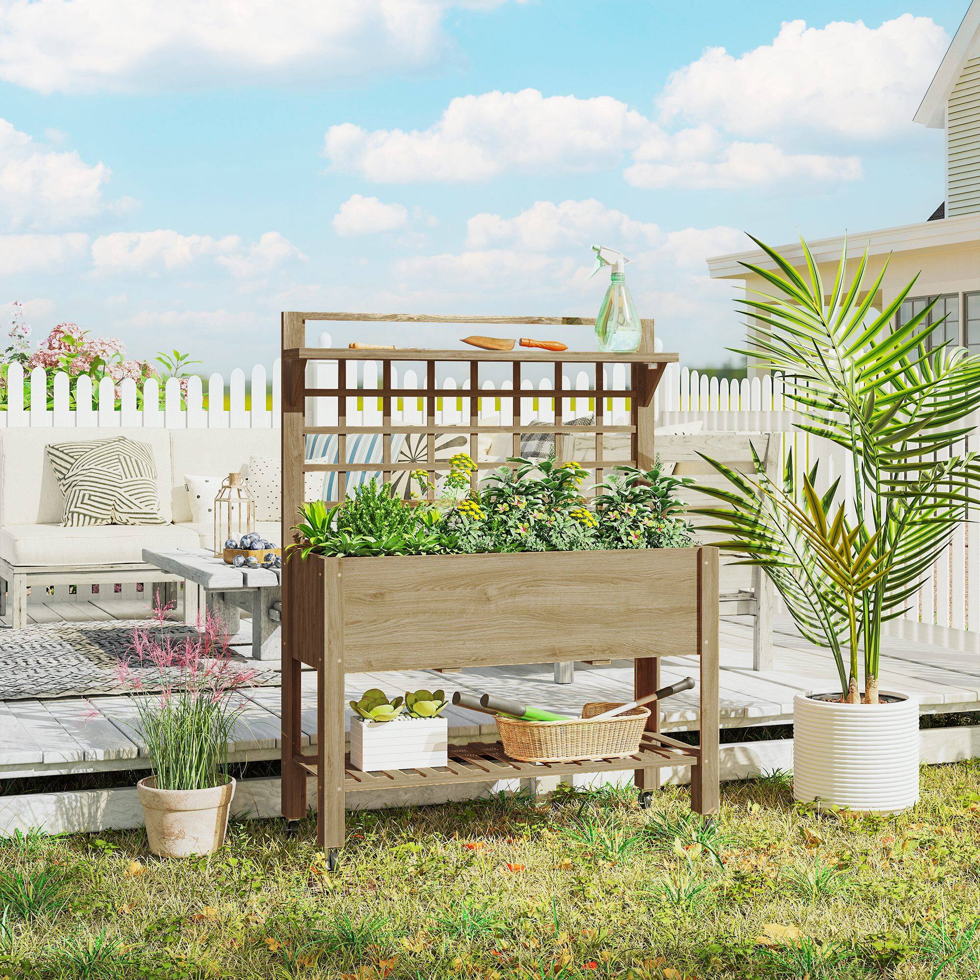Alt View 7. Outsunny - Raised Garden Bed Mobile Elevated Wooden Planter Box Stand with Wheels, Trellis and Storage Shelf - Coffee.