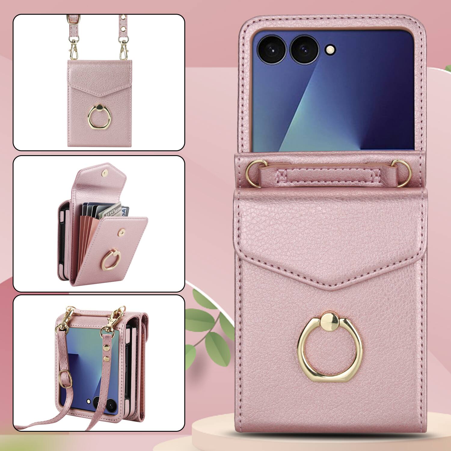 Alt View 5. Dteck - Wallet Case for Samsung Galaxy Z Flip7, Crossbody Ring Stand Faux Leather Cover with RFID Blocking Card Holder+Strap - Rosegold.