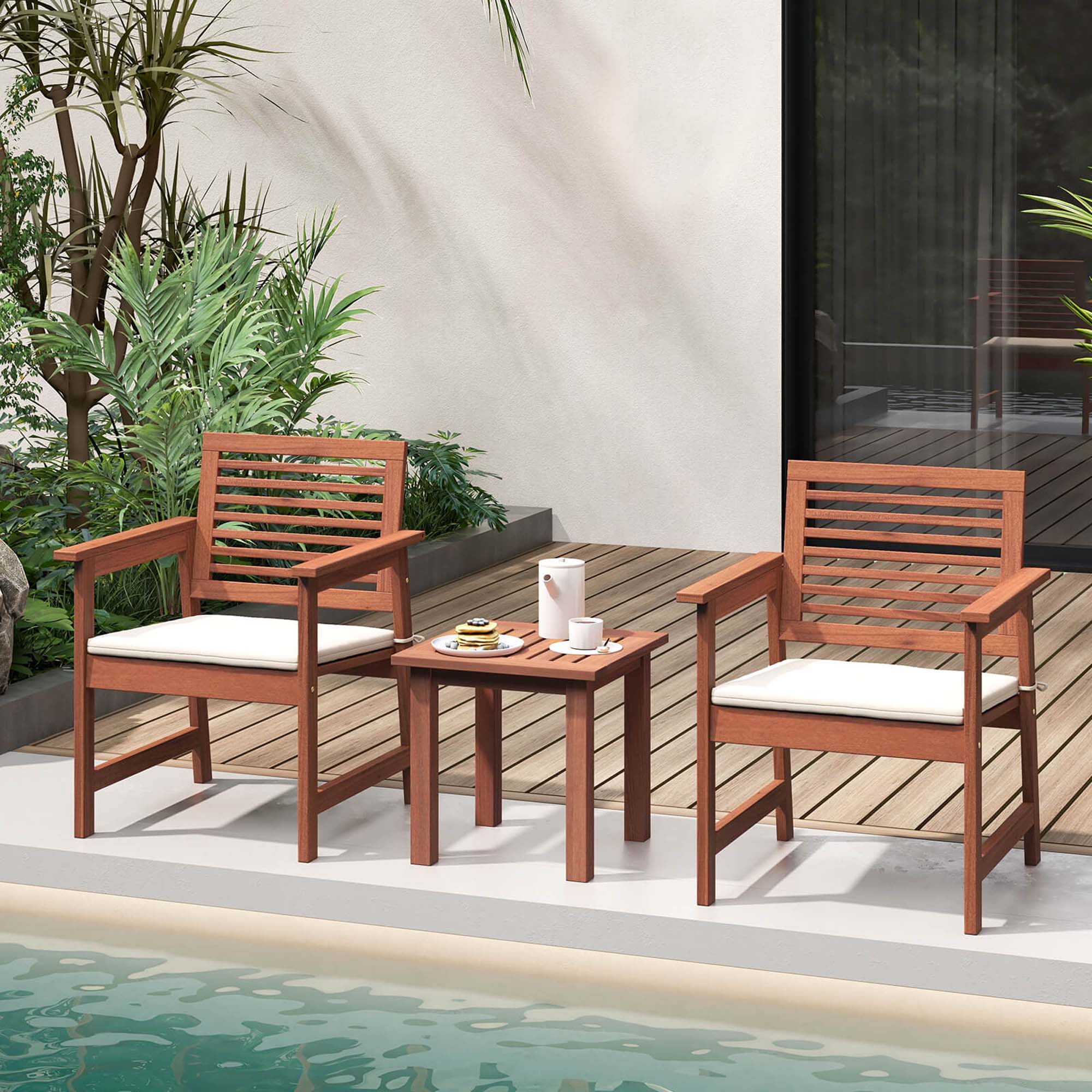 Alt View 1. Costway - 3 PCS Patio Furniture Set with 2 Seat Cushions Coffee Table Solid Wood Chairs - Natural + Off White.
