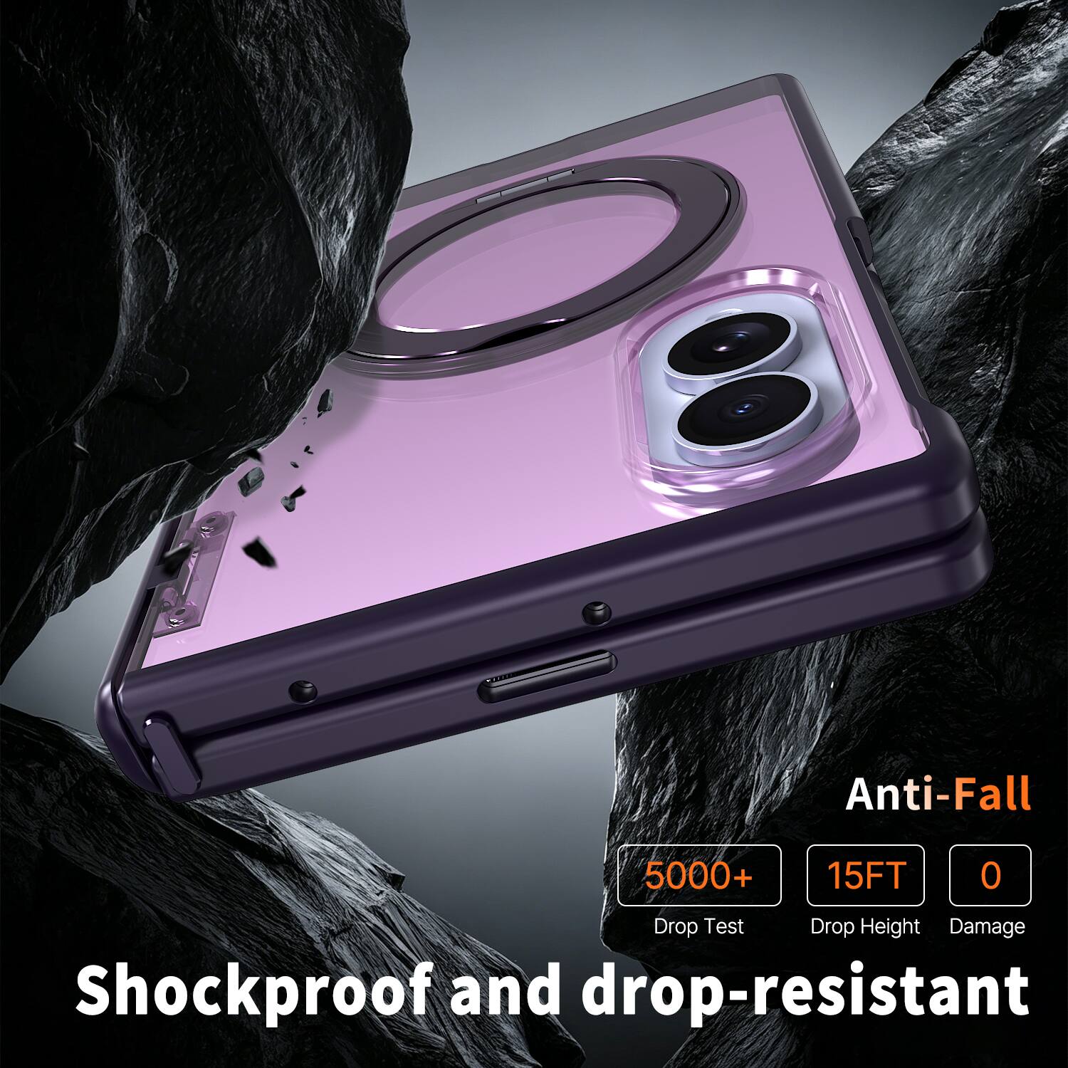 Anti-Fall  
5000+  
15FT  
0  
Drop Test  
Drop Height  
Damage  
Shockproof and drop-resistant