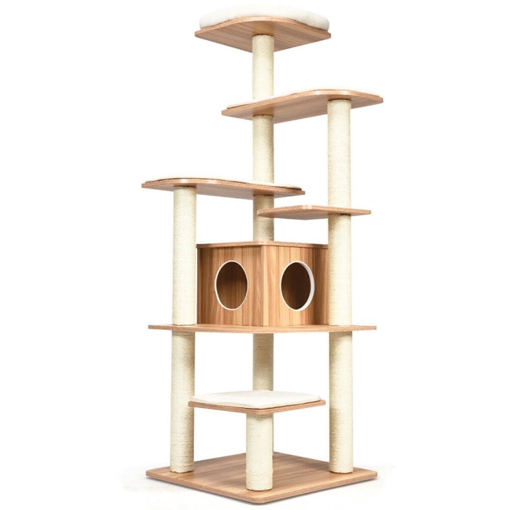 Alt View 2. Kadyn - Cat Tower, Cat Tree for Indoor Cats, 7-Layer Wooden Cat Tree Tall Cat Tower with Sisal Posts and Condo-Natural - Yellow.