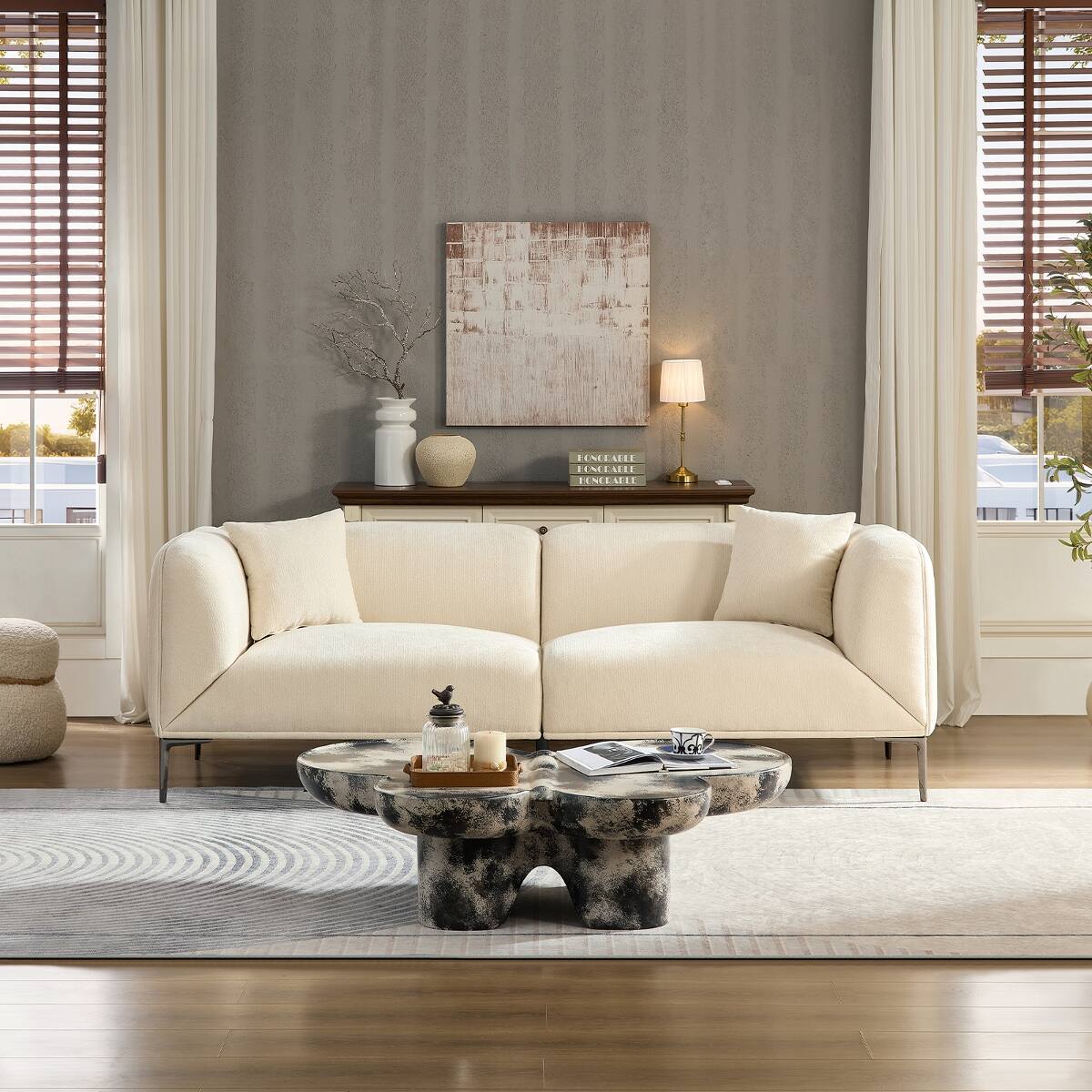 Ropilly modern beige 3 seater sofa, boucle fabric sofa with curved arms ...