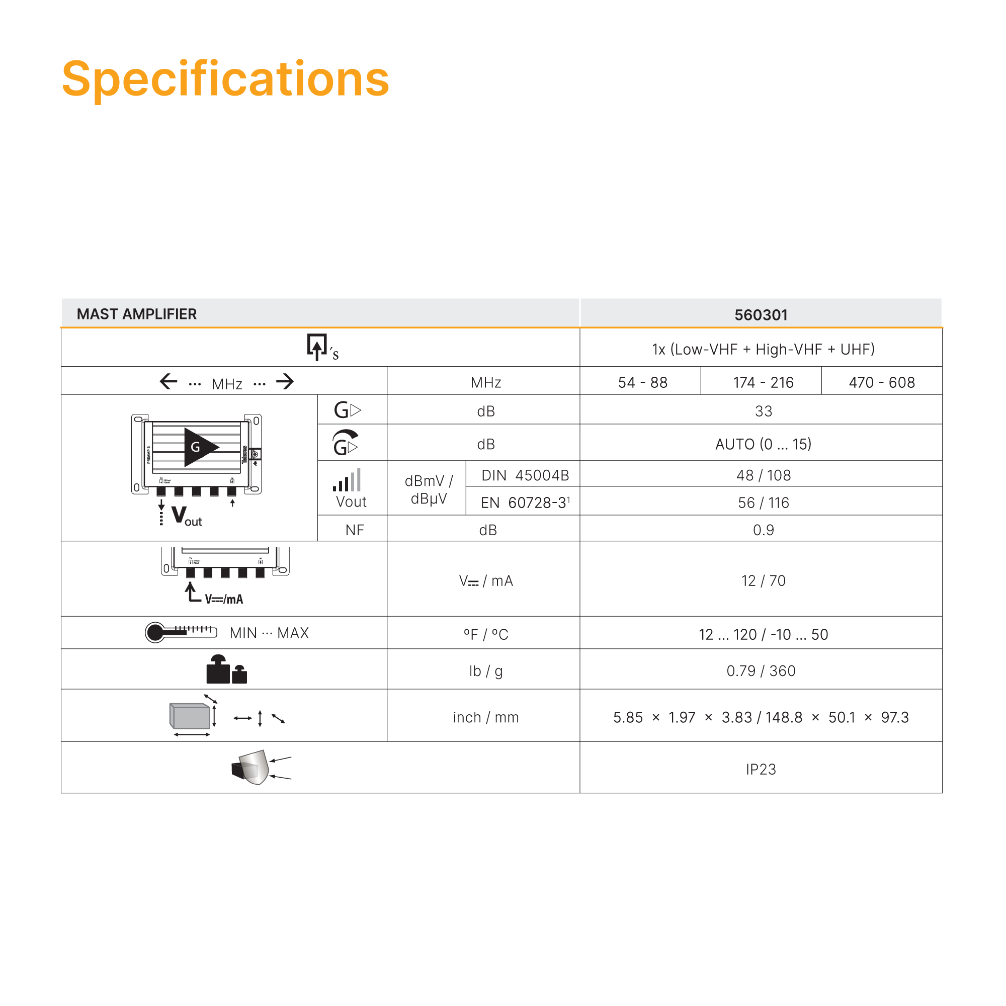 Specifications

MAST AMPLIFIER  
560301

1x (Low-VHF + High-VHF + UHF)  
MHz  
54-88  
174-216  
470-608  
dB  
33  
AUTO (0 ... 15)  
Over V out  
1  
4  
Vout NF  
dBmV / dBuV  
DIN 45004B EN 60728-3 dB  
48/108 6/116 0.9  
I  
V==/mA  
V=/mA  
12/70  
MIN  
MAX  
F/C  
12 1 120 / -10...50  
b/g  
0.79 / 360  
inch / mm  
5.85 X 1.97 X 3.83 / 148.8 x 50.1 x 97.3  
IP23