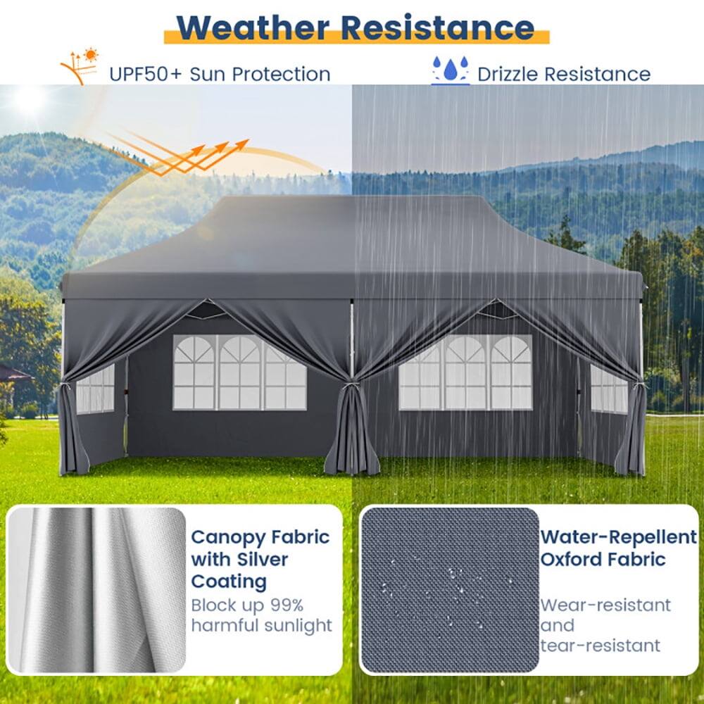 Weather Resistance  
UPF50+ Sun Protection  
Drizzle Resistance  

Canopy Fabric with Silver Coating  
Block up 99% harmful sunlight  

Water-Repellent Oxford Fabric  
Wear-resistant and tear-resistant