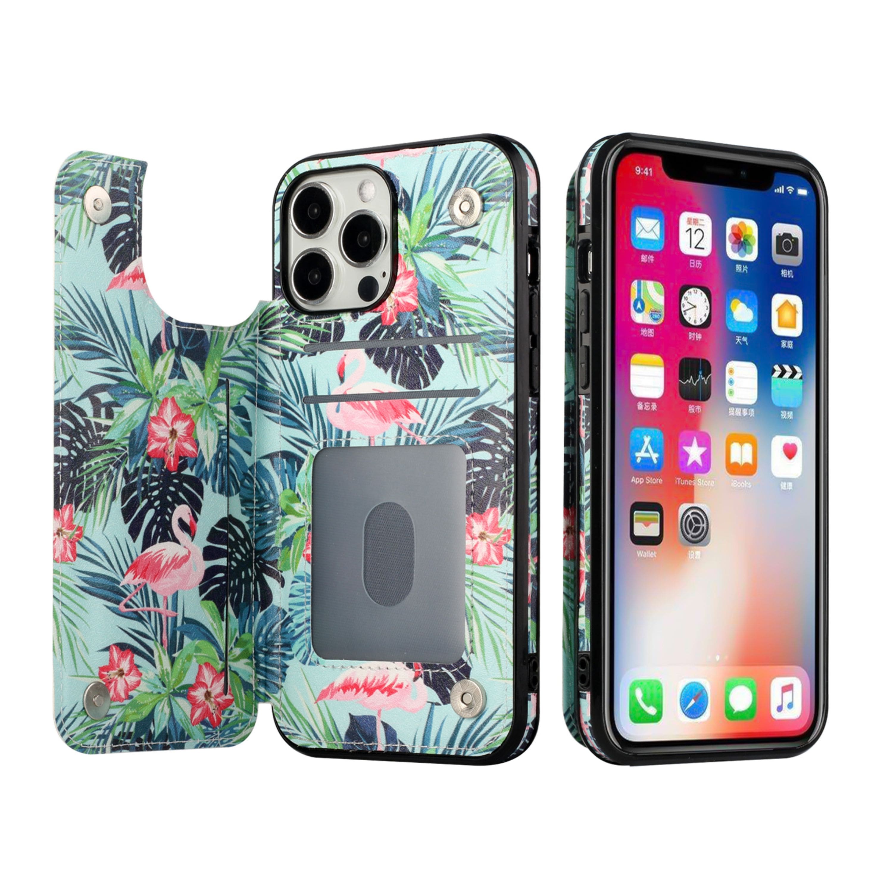 Kitcheniva - Floral Vegan Leather Side Button Card Holder Phone Wallet Case For iPhone 14 Pro - Multicolor