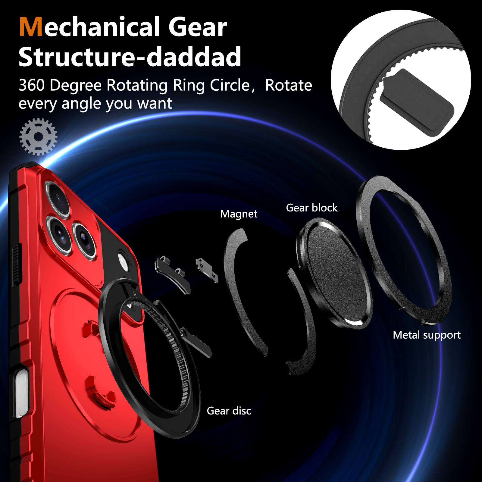 Mechanical Gear Structure-daddad  
360 Degree Rotating Ring Circle, Rotate every angle you want  

- Magnet  
- Gear block  
- Metal support  
- Gear disc