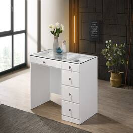 Loheer - Makeup Vanity Table with Glass Top and Five Drawers - White