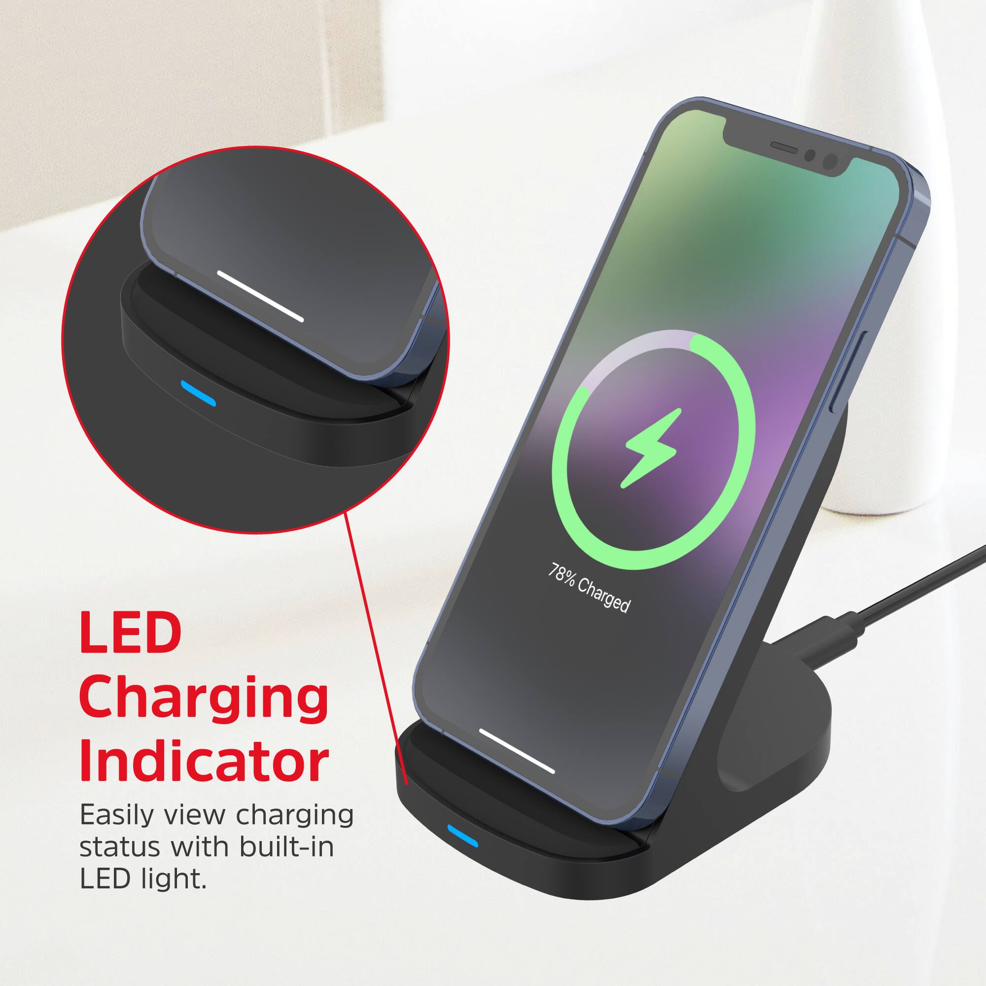 The image features a cell phone with a LED charging indicator, which allows users to easily view the charging status with a built-in LED light. The phone is currently at 78% charge.