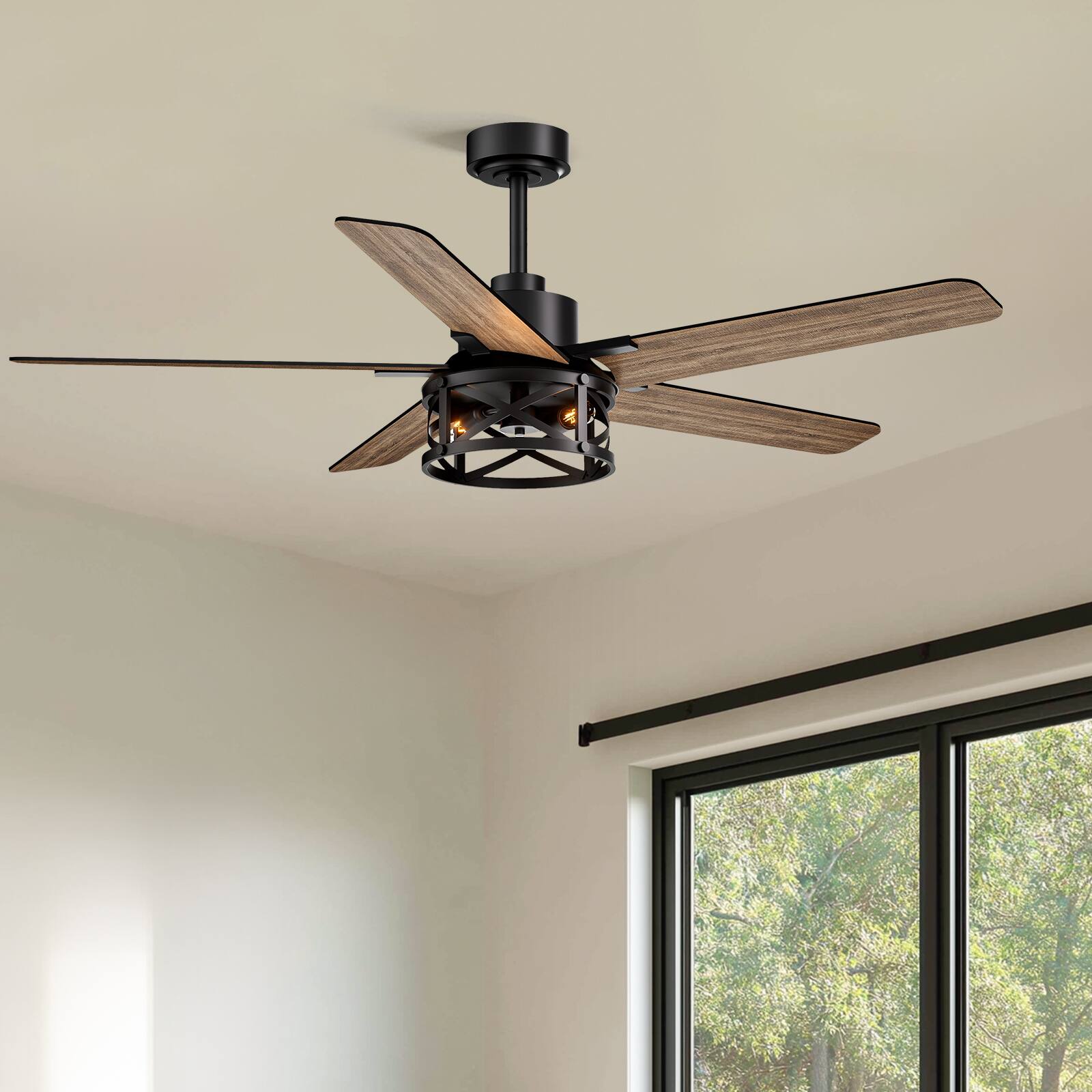 Angle. Siljoy - 52-inch Modern Farmhouse Cage Flush Mount Fan with Light APP & Remote Control for Indoor Covered Patio - Matte Black.