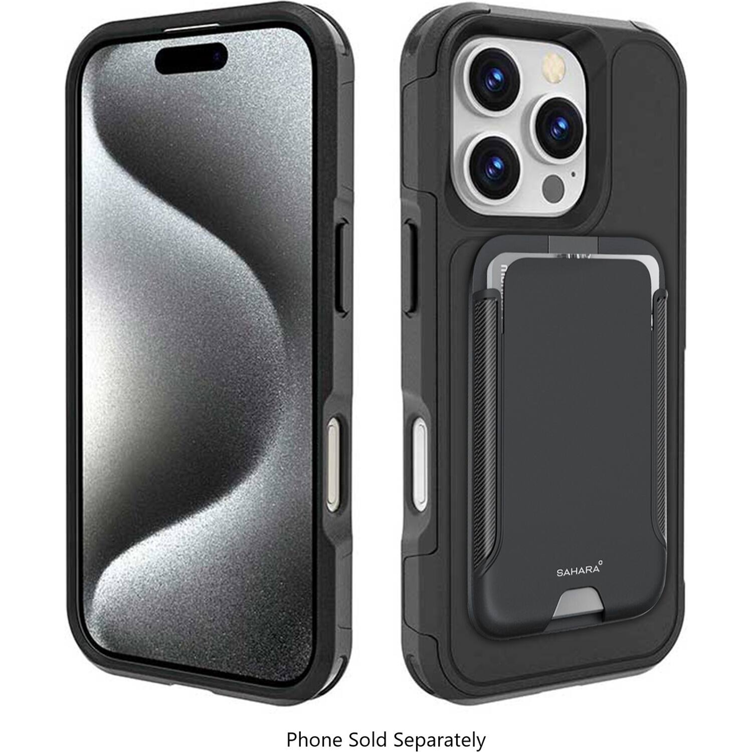 The image features a phone case that is designed to hold a cell phone. The case is black and gray, and it is made to protect the phone from scratches and damage. The case is shown both in a closed position and an open position, allowing the phone to be easily inserted and removed. The case is designed to be durable and functional, providing a secure way to carry the phone.