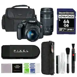 Bundle - EOS Rebel T7 DSLR Camera w/ 18-55mm & 75-300mm Lenses + 64GB SD Card + Card Reader + Cleaning Kit | Canon Rebel T7 - Black