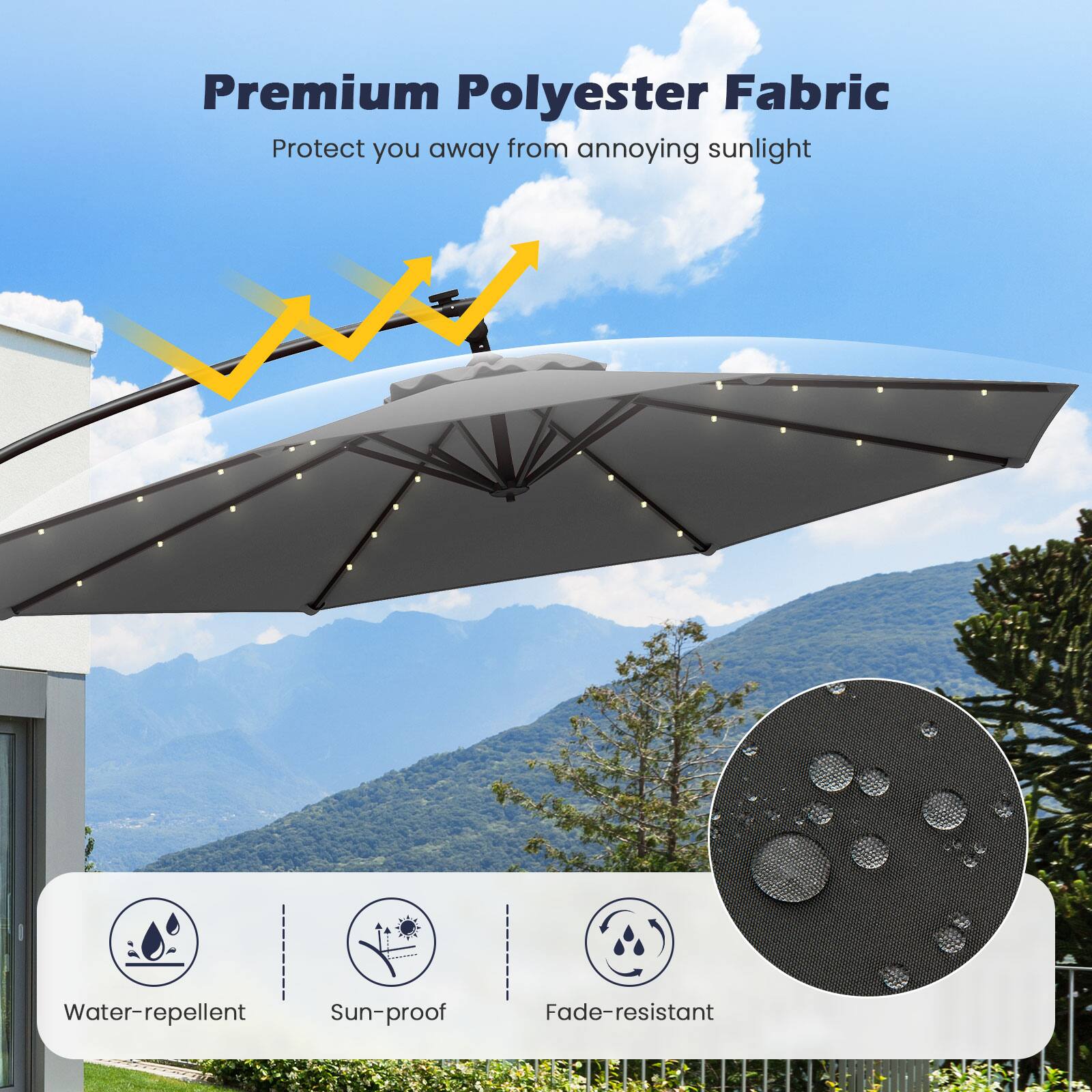 Premium Polyester Fabric  
Protect you away from annoying sunlight  

- Water-repellent  
- Sun-proof  
- Fade-resistant