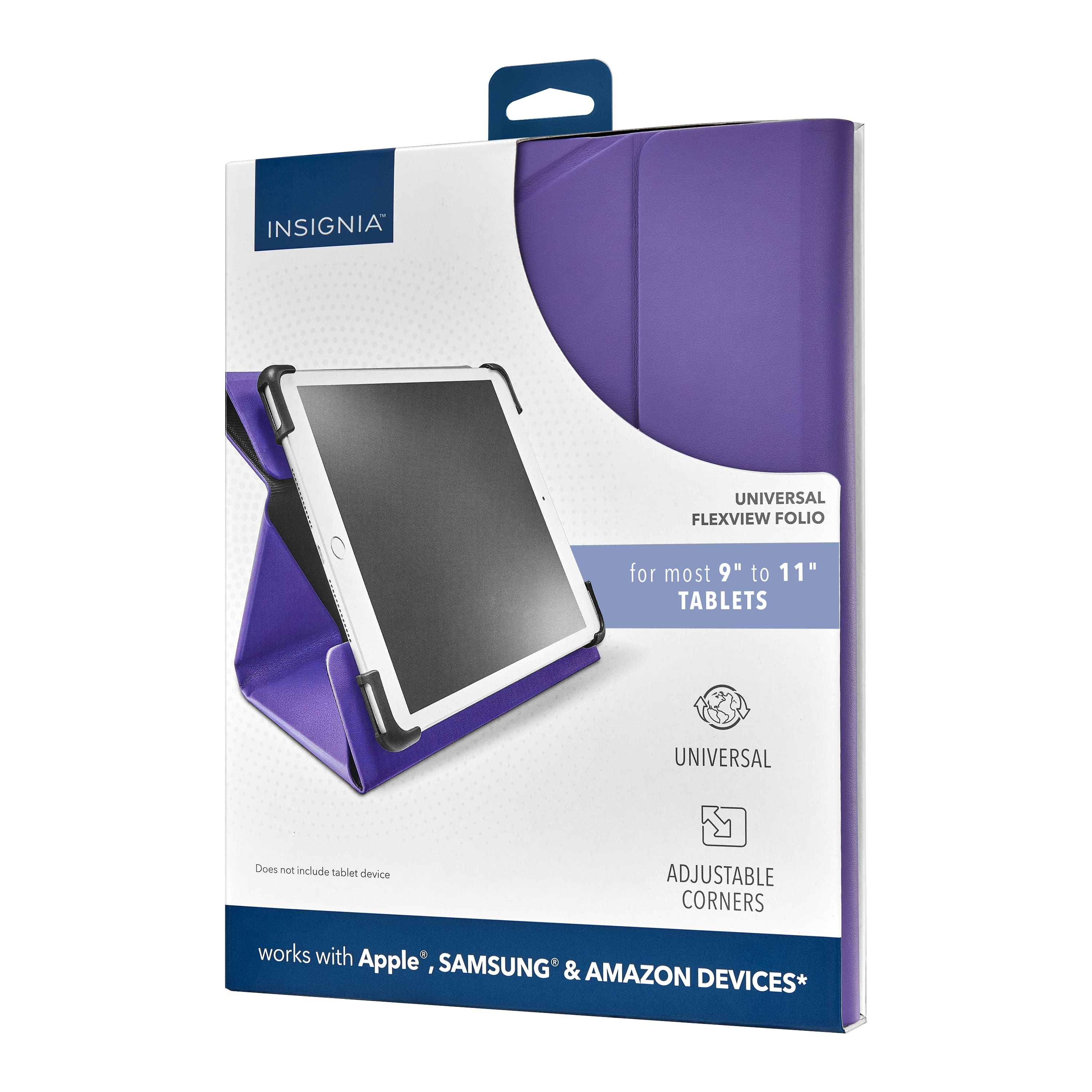 Insignia Universal FlexView Folio for most 9" to 11" tablets. Universal folio does not include tablet device. Adjustable corners. Works with Apple, Samsung & Amazon devices.