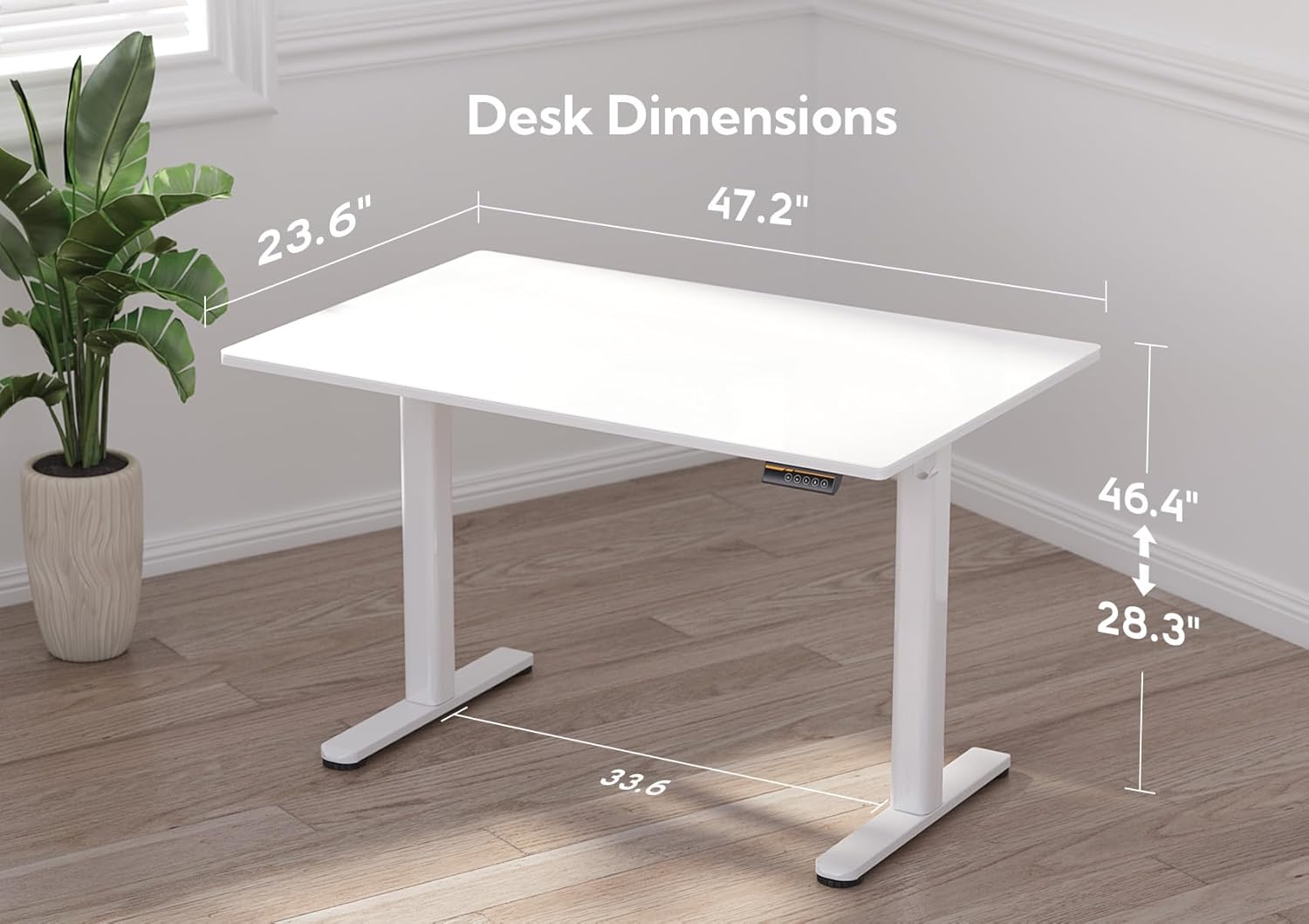 Desk Dimensions

- Width: 47.2"
- Depth: 23.6"
- Height: 46.4" (from floor to top)
- Height: 28.3" (from floor to bottom of legs)
- Leg Width: 33.6"
