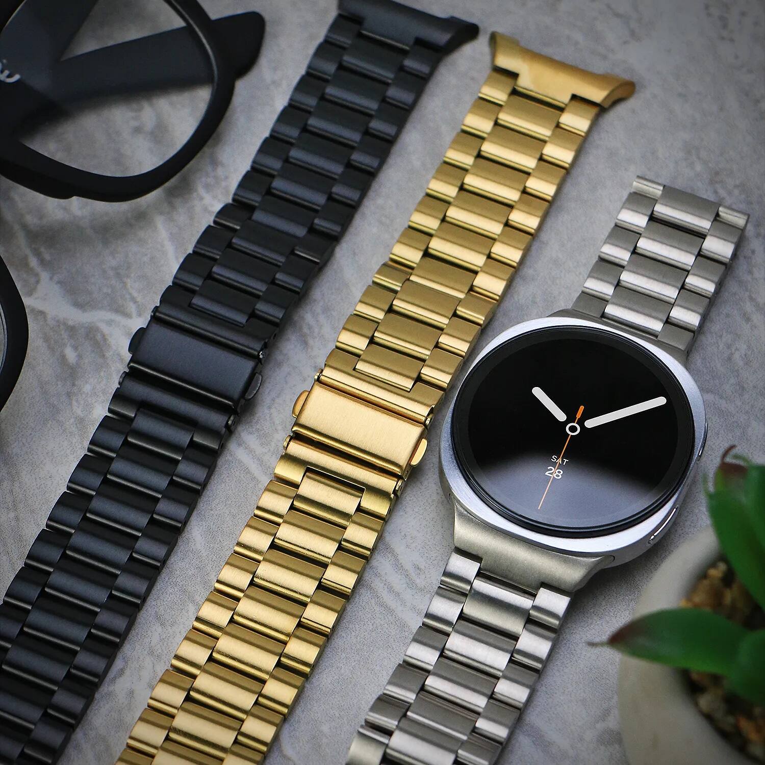 Left. StrapsCo - Classic Evening Bracelet Stainless Steel Watch Band Strap For Samsung Galaxy Watch 8 - Silver.